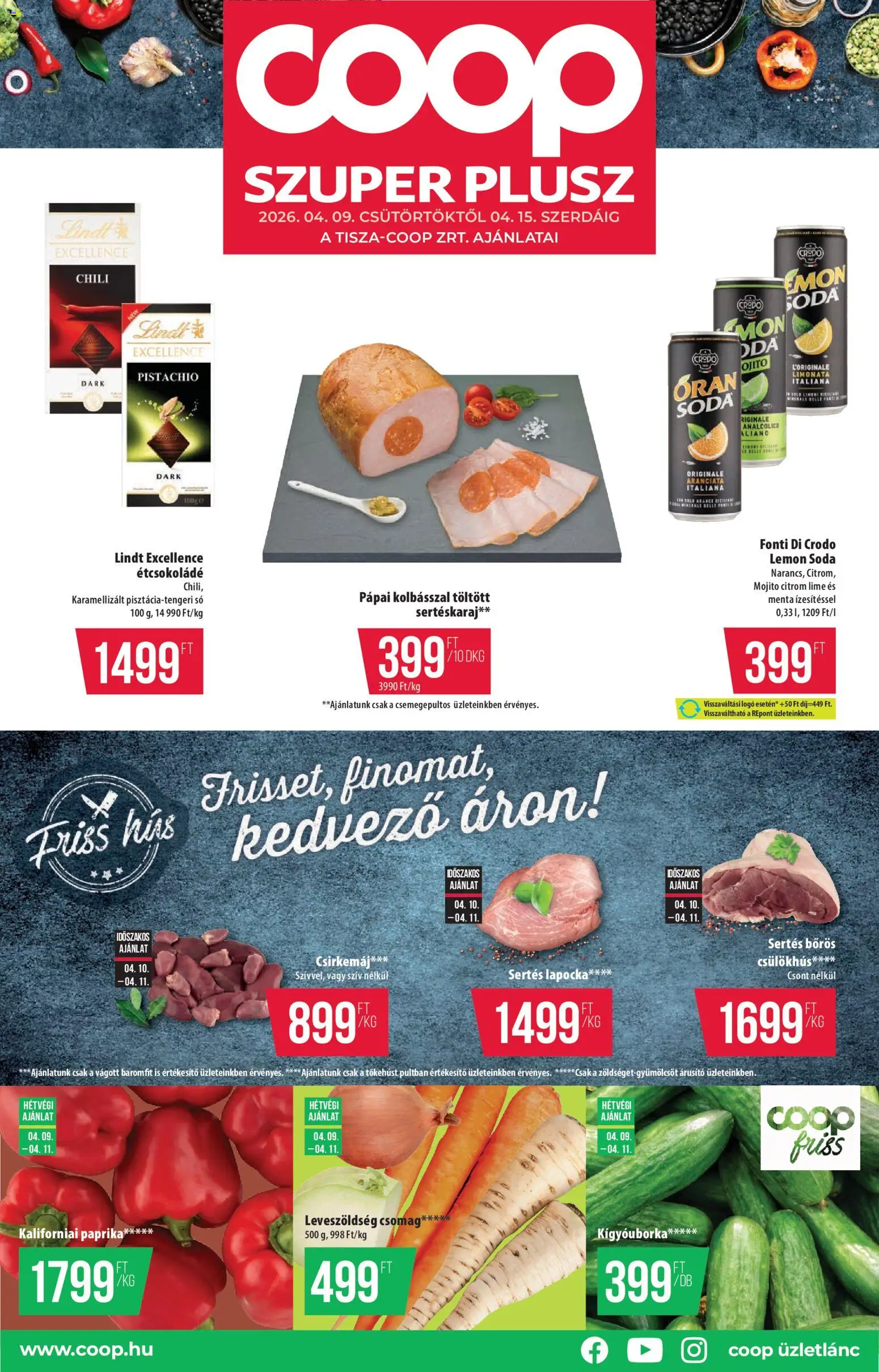 COOP akciós ujság - amely érvényes a következő dátumtól: 09.04.2026 | Oldal: 1 | Termékek: Kígyóuborka, Étcsokoládé, Csirkemáj, Citrom