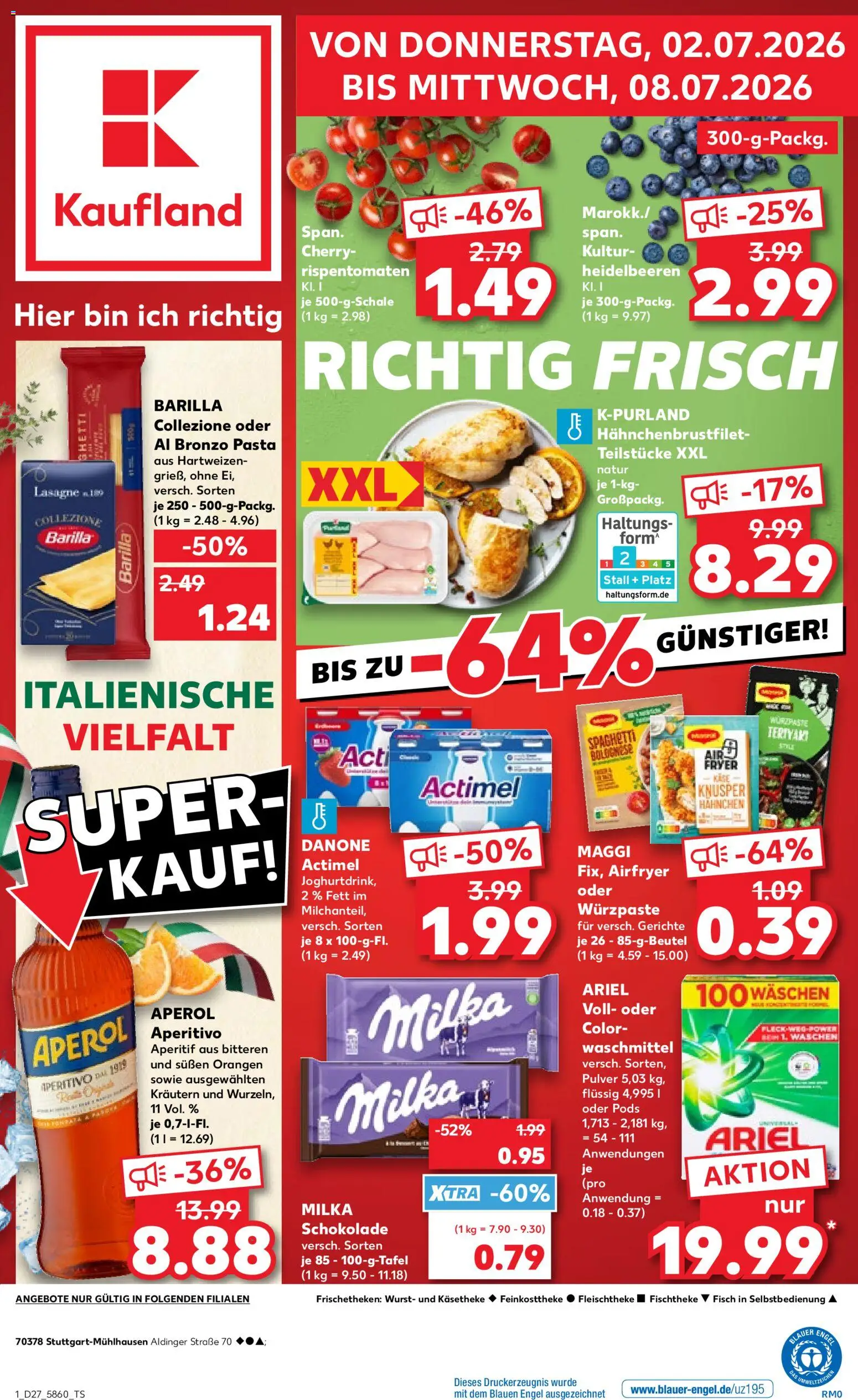 Kaufland Prospekt Stuttgart – gültig ab 02.07.2026 | Seite: 1 | Produkte: Hahnchen, Milka, Pasta, Aperol