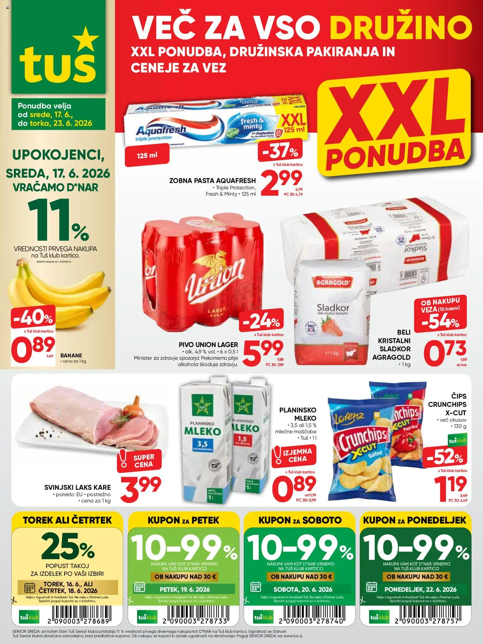Novi Tuš katalog ponudbe – veljaven od 17.06.2026 | Stran: 1 | Izdelki: Mleko, Banane, Cips, Sladkor