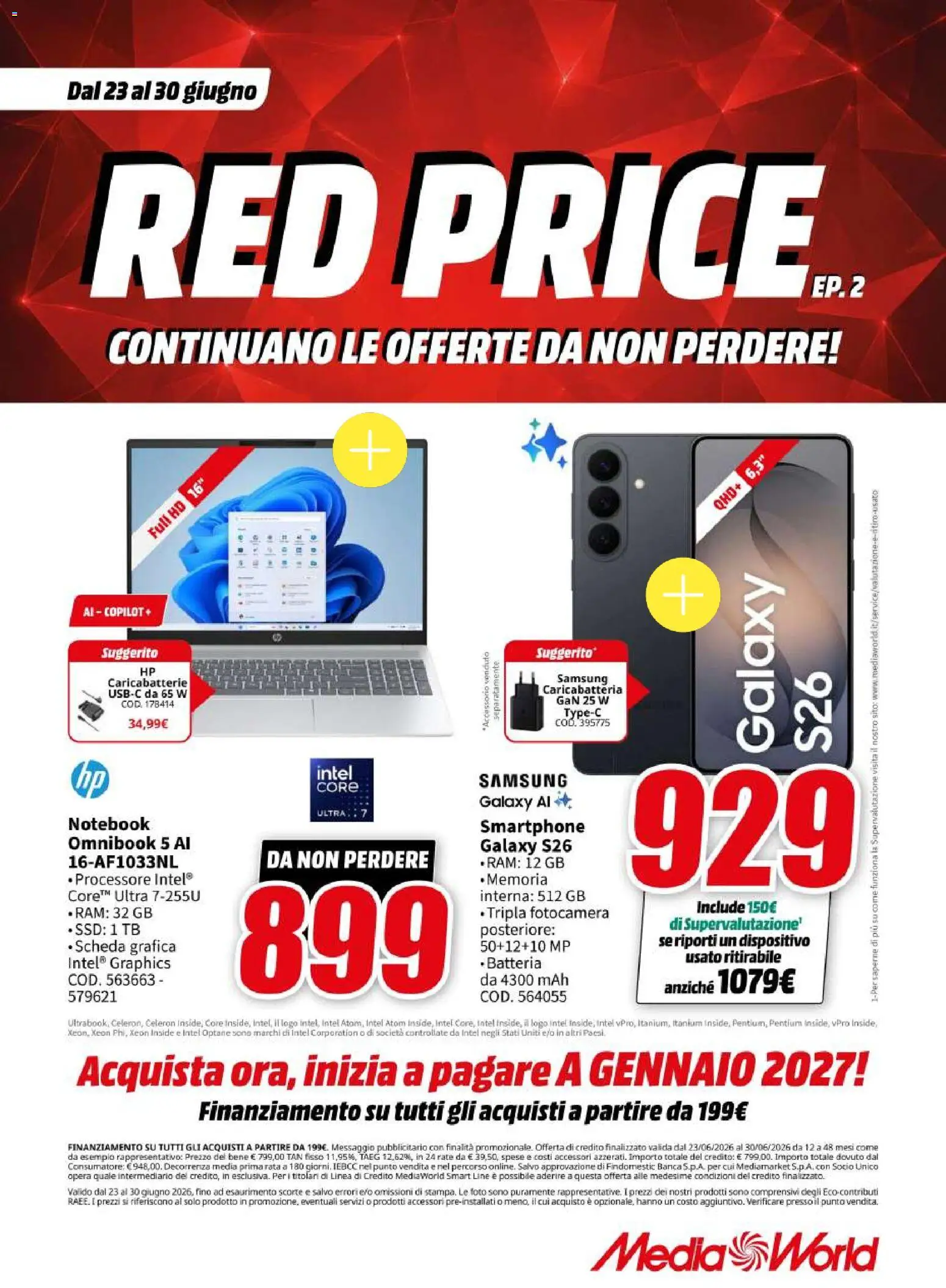 Volantino Media World del 23/06/2026 | Pagina: 1 | Prodotti: Notebook, Fotocamera, Batteria, Samsung