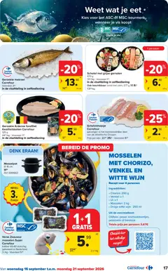 Verse Zeeuwse mosselen Super, Verse Zeeuwse mosselen Super Carrefour kaliber 65-80 stuks/kg, gekweekt in Nederland - Voorbeeld van een folder van Carrefour, geldig van 16/09/2026 | Pagina: 17 | Producten: Mosselen, Vis, Makreel, Bord