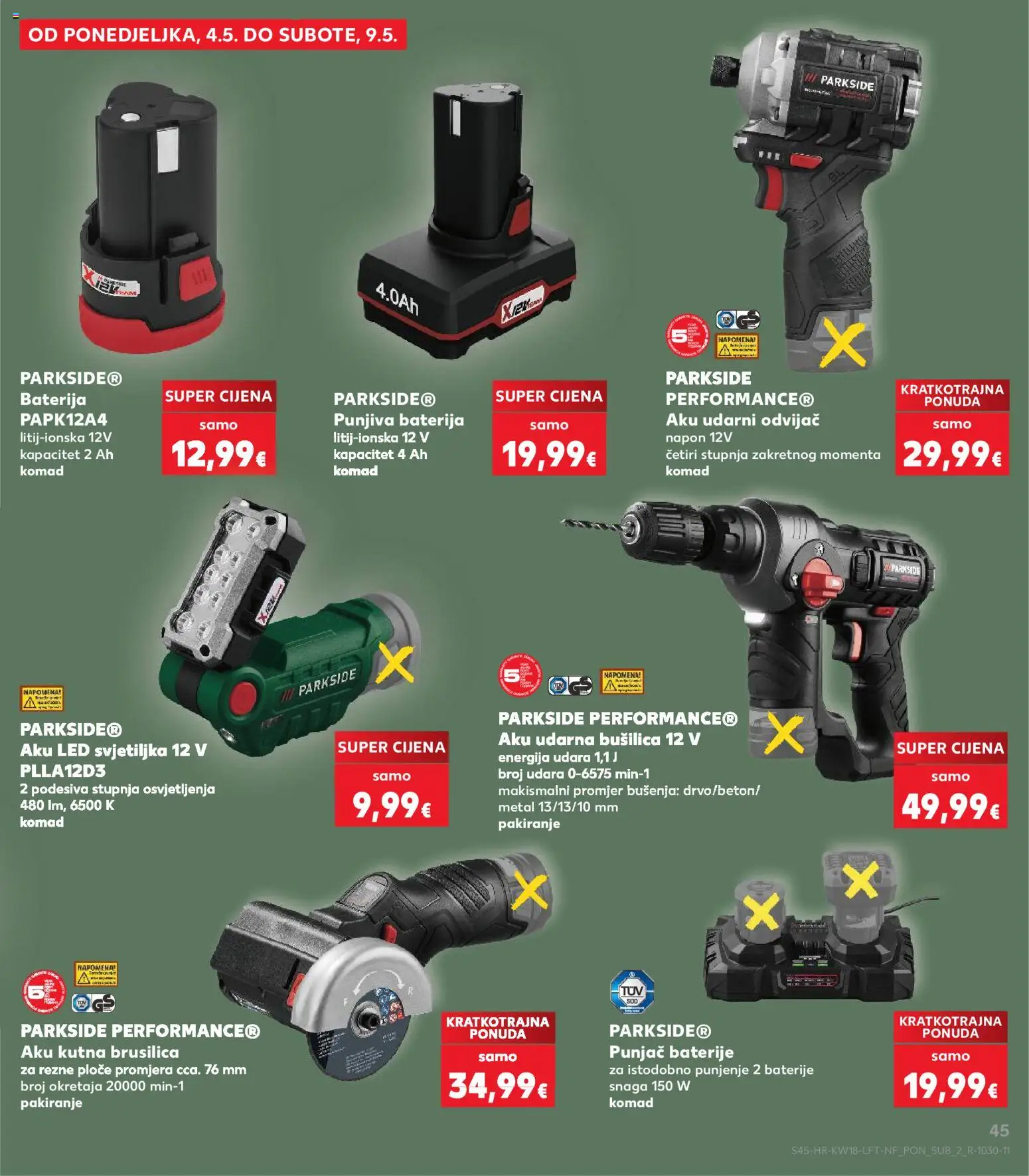 Kaufland katalog | vrijedi od 29.04.2026 | Stranica: 45 | Proizvodi: Svjetiljka, Kutna brusilica, Baterije, Odvijač