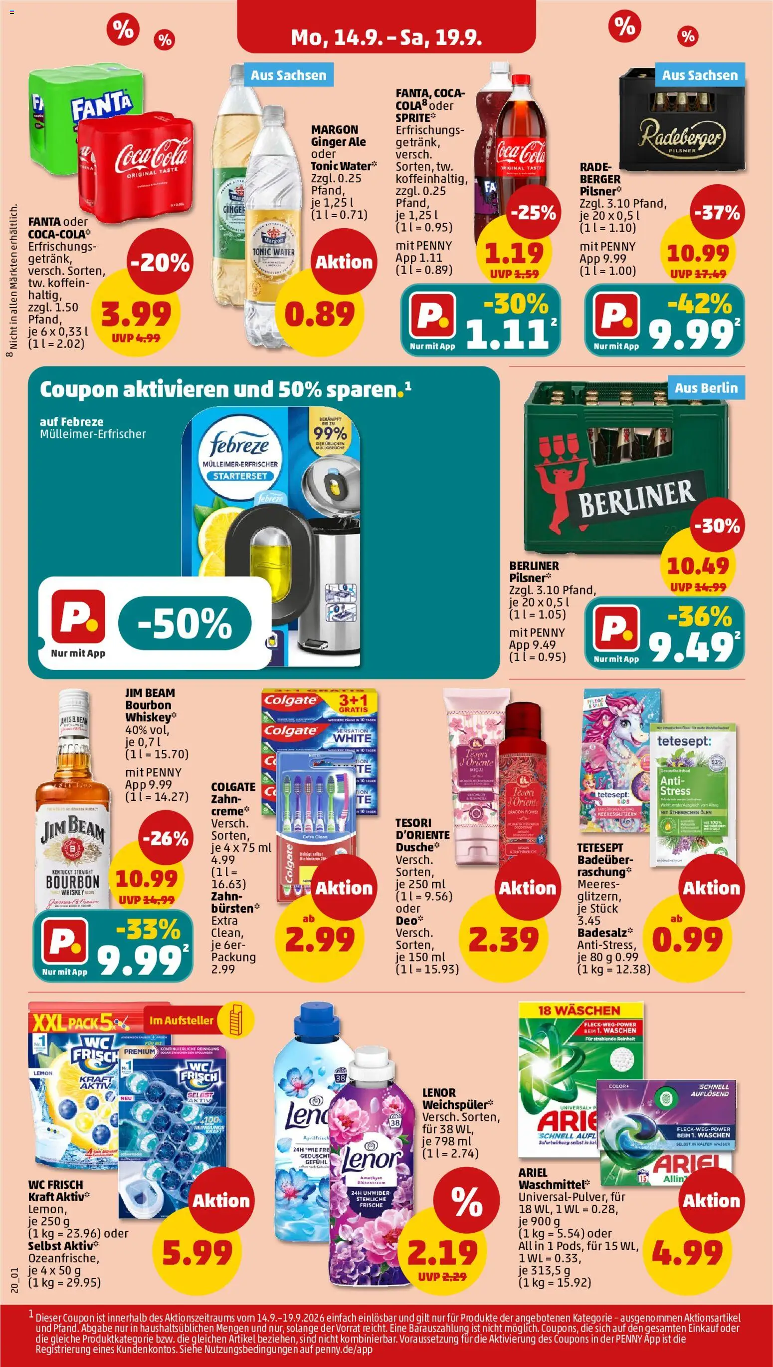 Penny Prospekt – gültig ab 14.09.2026 | Seite: 22 | Produkte: Lenor, Coca cola, Wasser, Wc frisch