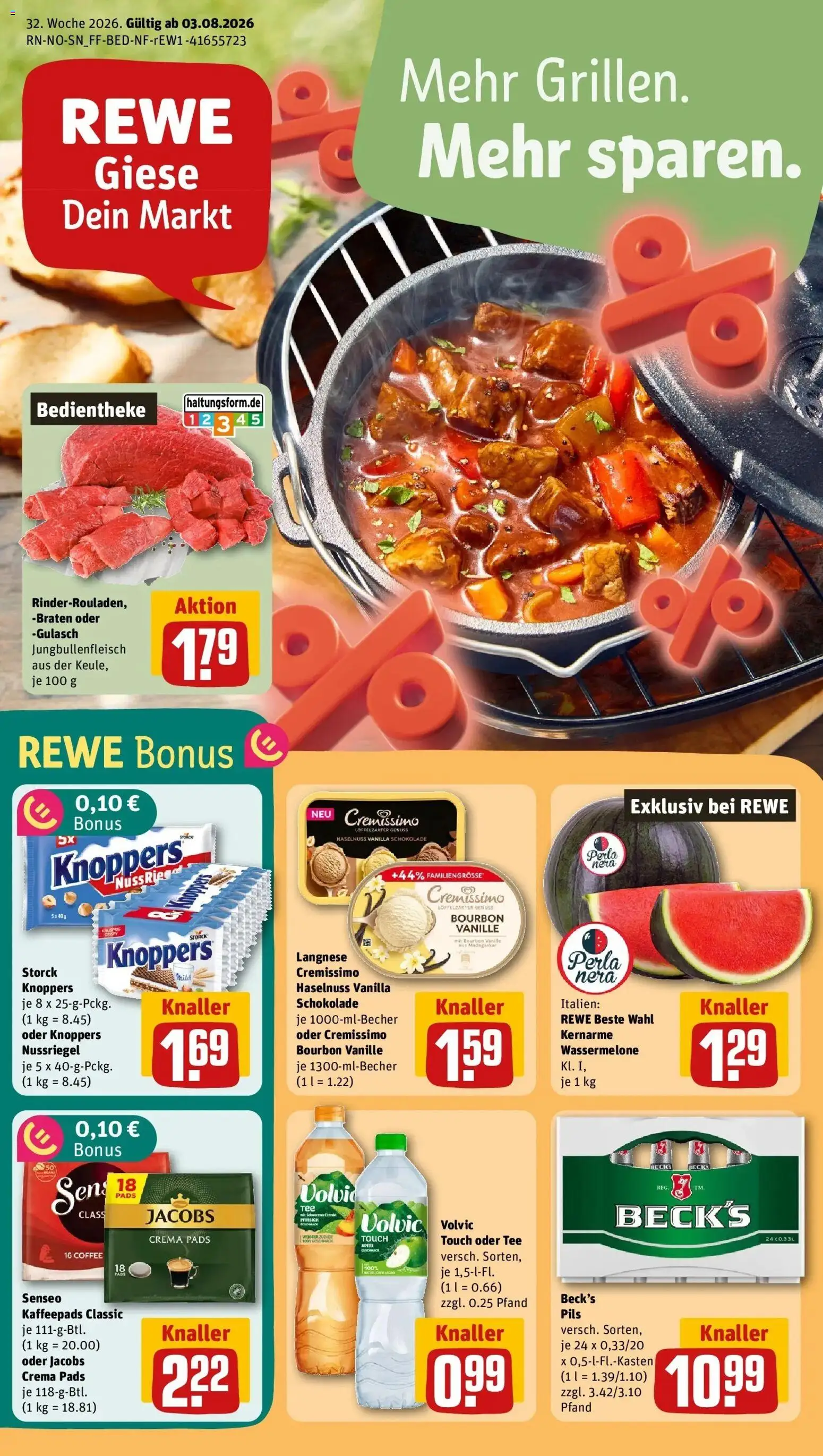 REWE Prospekt ab 03.08.2026 zum Blättern » Angebote | Seite: 1 | Produkte: Cremissimo, Schokolade, Äpfel, Vanille