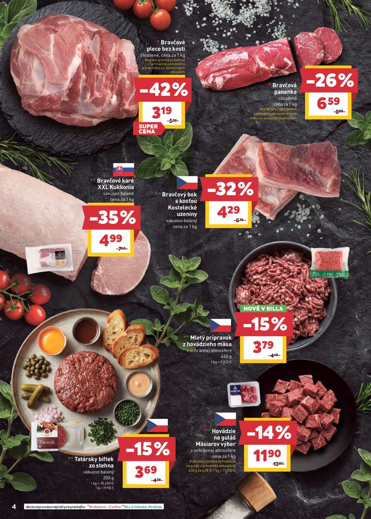 Nové Billa akcie – leták je platný od 06.05.2026 | Strana: 4 | Produkty: Bravčová panenka, Bravčové plece, Tatarák, Bravčové karé