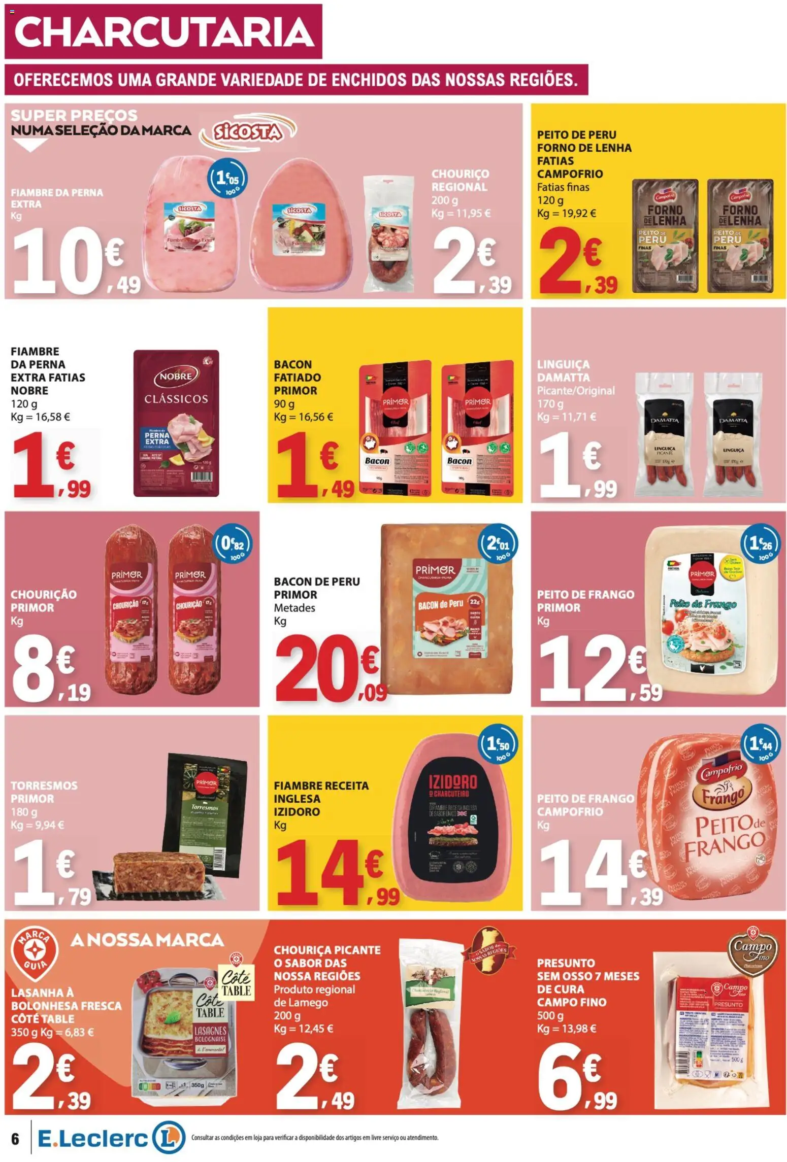 E.Leclerc folheto │ válido de 08/10/2026 | Página: 6 | Produtos: Peito de frango, Primer, Lasanha, Chouriço