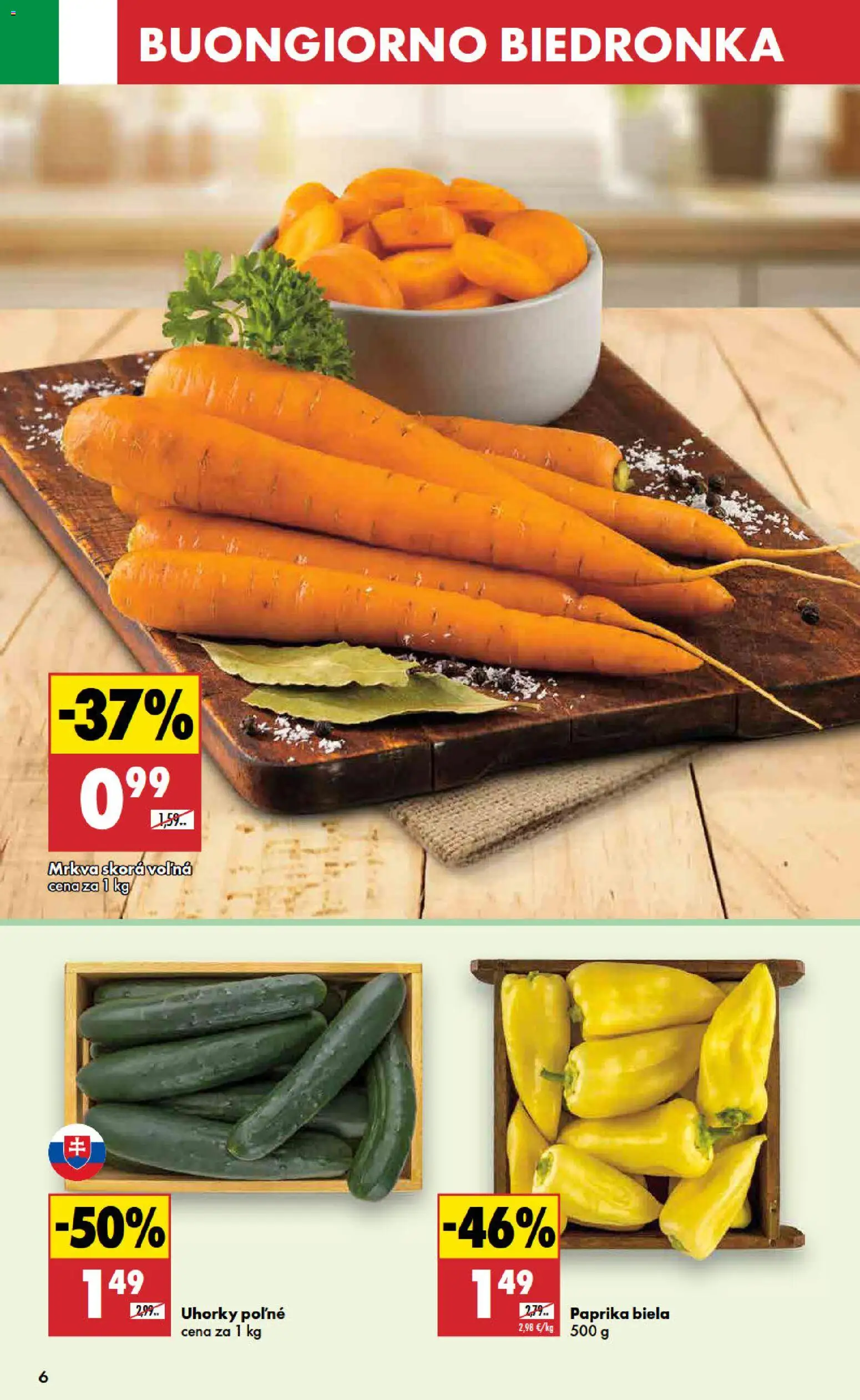 Nové Biedronka akcie – leták je platný od 11.06.2026 | Strana: 6 | Produkty: Paprika, Mrkva, Uhorky