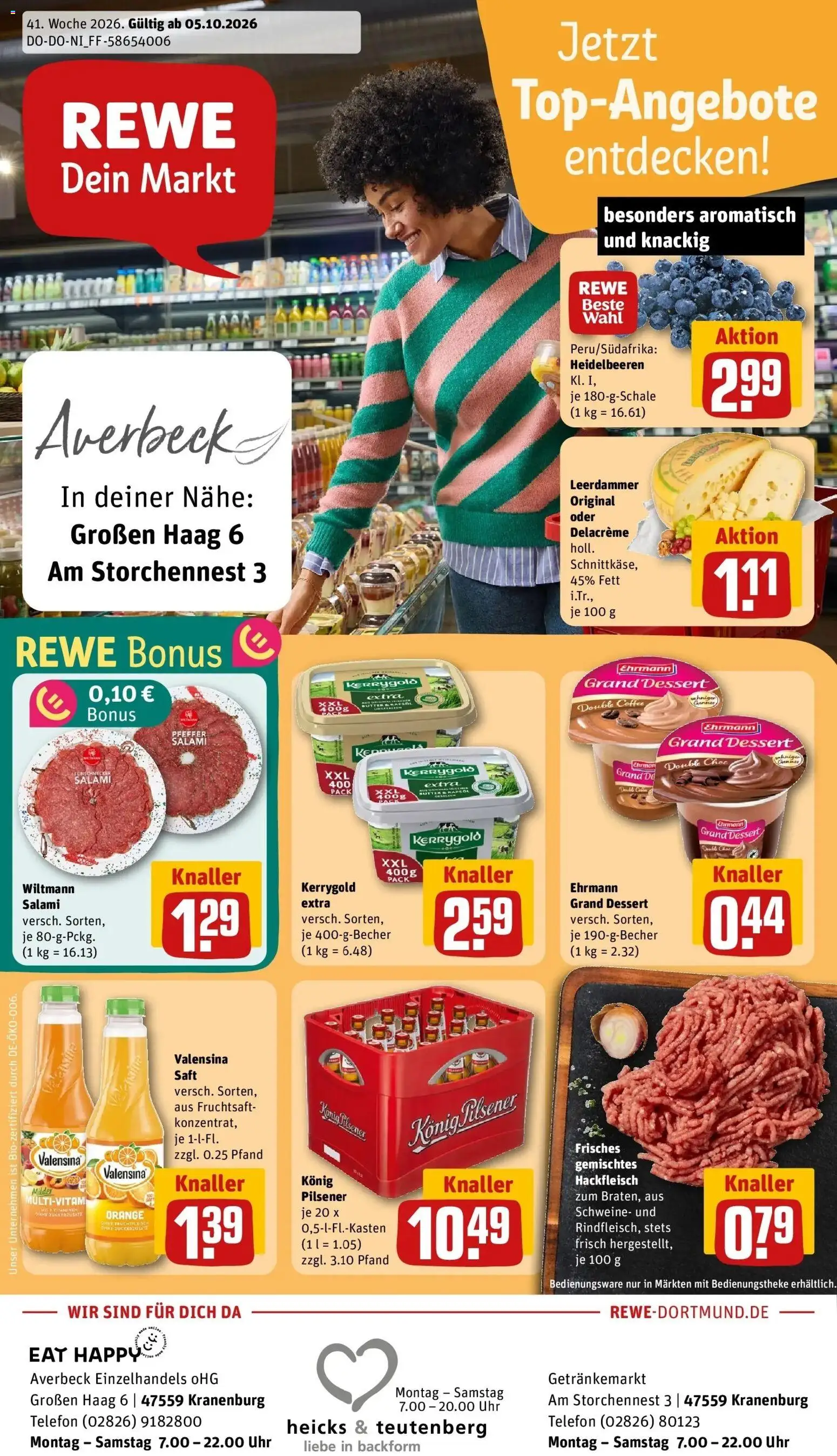 REWE Prospekt ab 05.10.2026 zum Blättern » Angebote | Seite: 1 | Produkte: Konig pilsener, Ehrmann grand dessert, Heidelbeeren, Saft