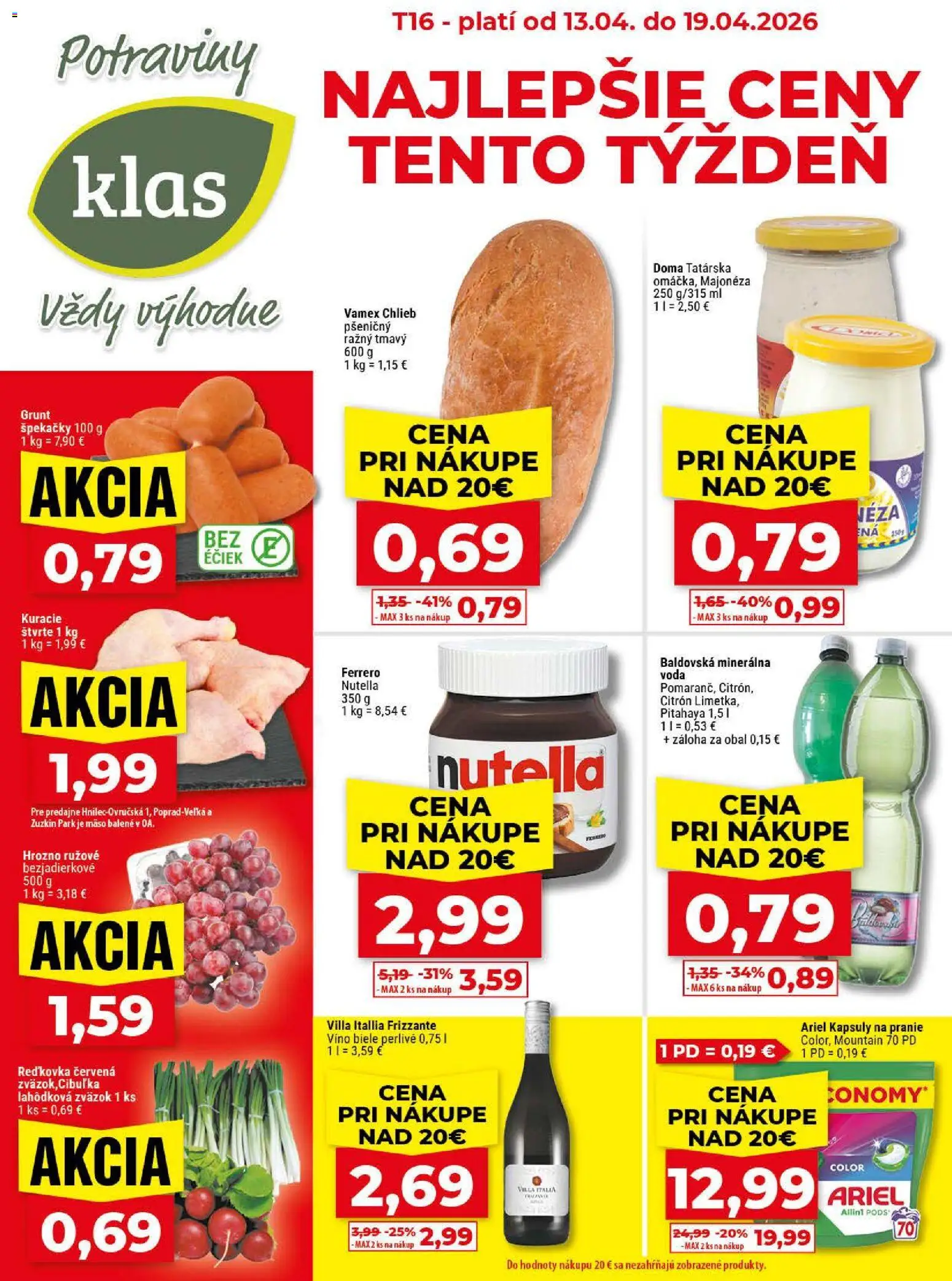 Nové Klas akcie – leták je platný od 13.04.2026 | Strana: 1 | Produkty: Chlieb, Víno, Voda, Nutella