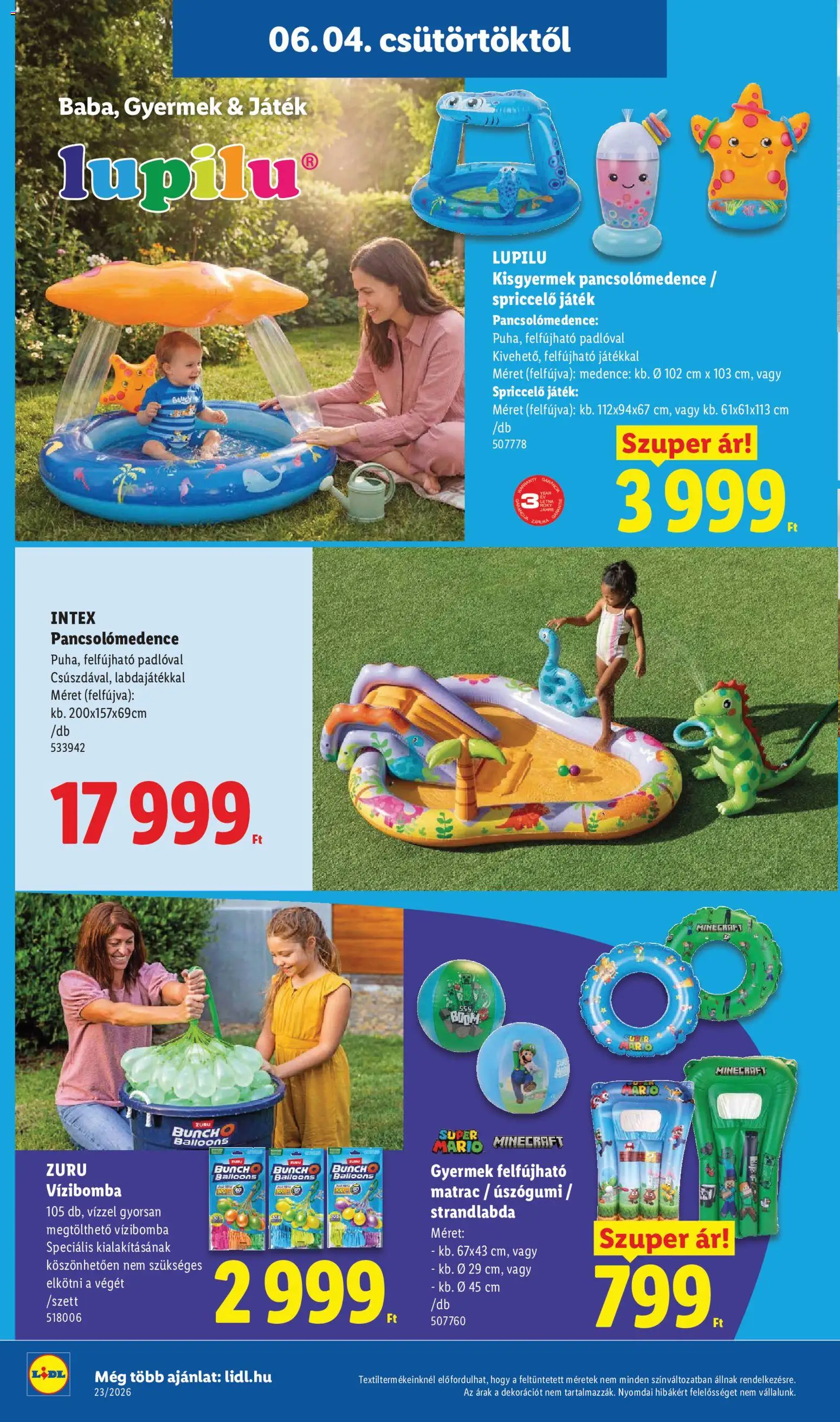 Lidl akciós ujság - amely érvényes a következő dátumtól: 04.06.2026 | Oldal: 14 | Termékek: Játék, Matrac, Medence, Felfújható matrac