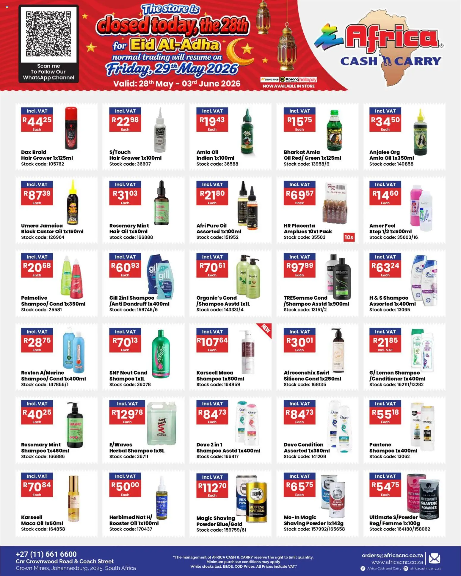 New Africa Cash & Carry catalogue – valid from 28.05.2026 | Page: 3 | Products: Oil, Powder, Hair oil, Stock