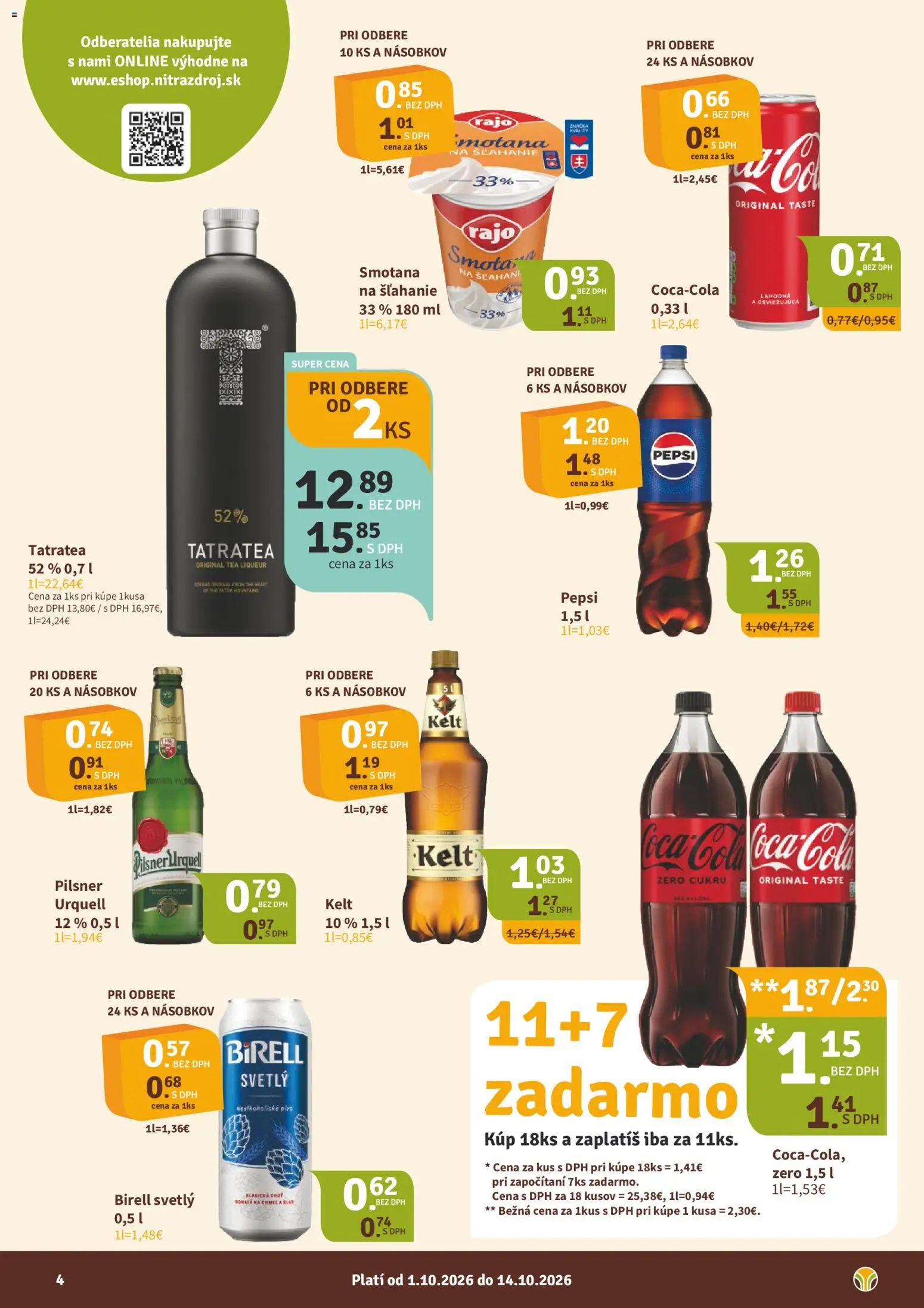 Nové Nitrazdroj akcie – leták je platný od 01.10.2026 | Strana: 4 | Produkty: Pivo, Pilsner Urquell, Kelt, Nealkoholické pivo