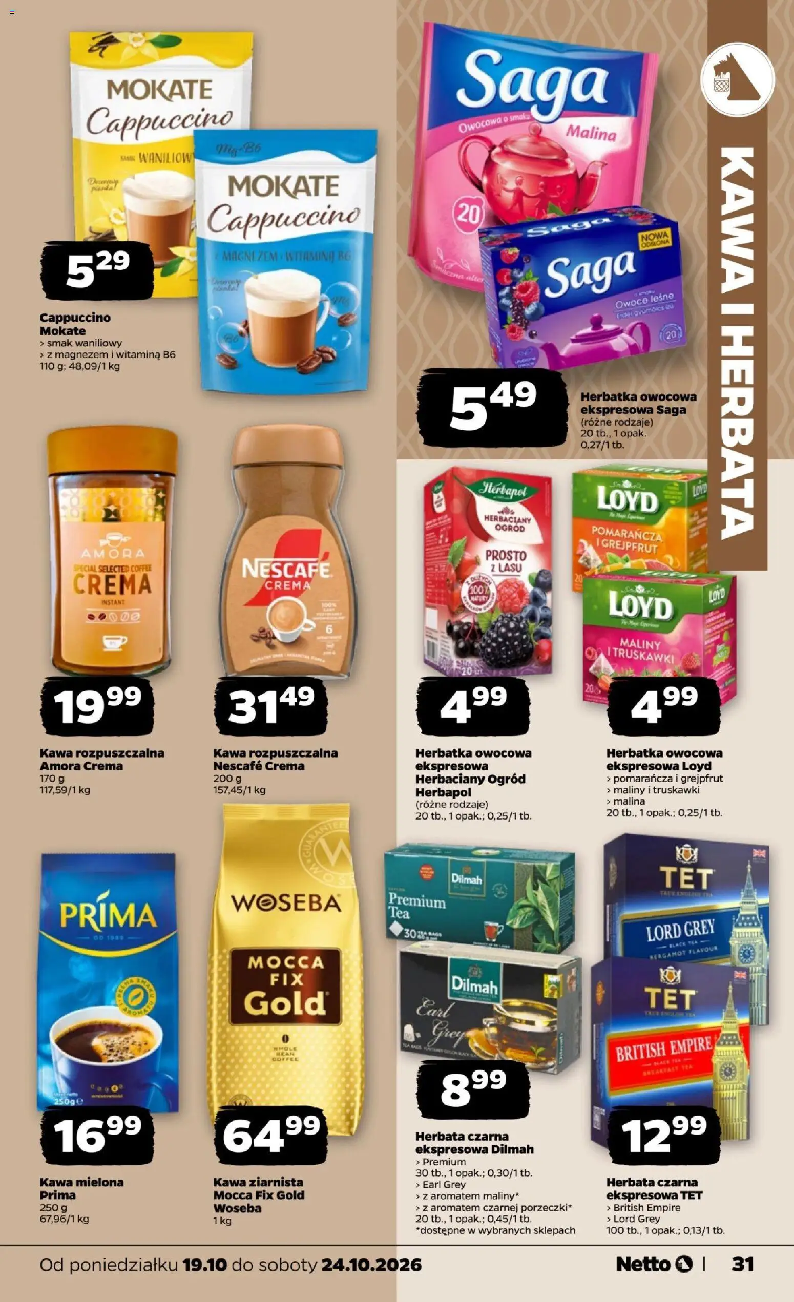 Netto gazetka od poniedziałku od 19.10.2026 | Strona: 31 | Produkty: Herbata czarna, Earl Grey, Owoce leśne, Kawa mielona