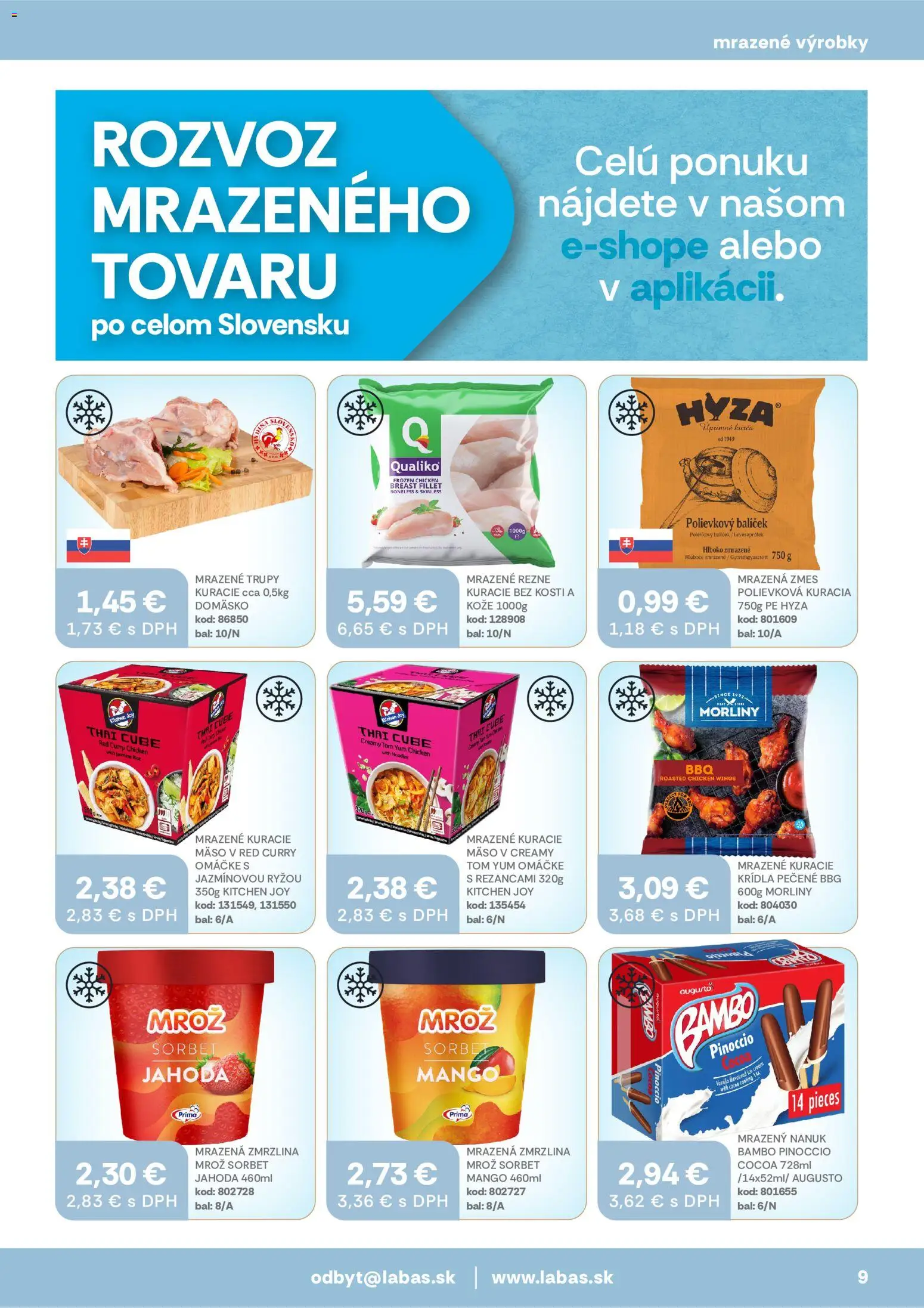Nové Labaš akcie – leták je platný od 03.07.2026 | Strana: 9 | Produkty: Zmrzlina, Sorbet, Mango, Kurča