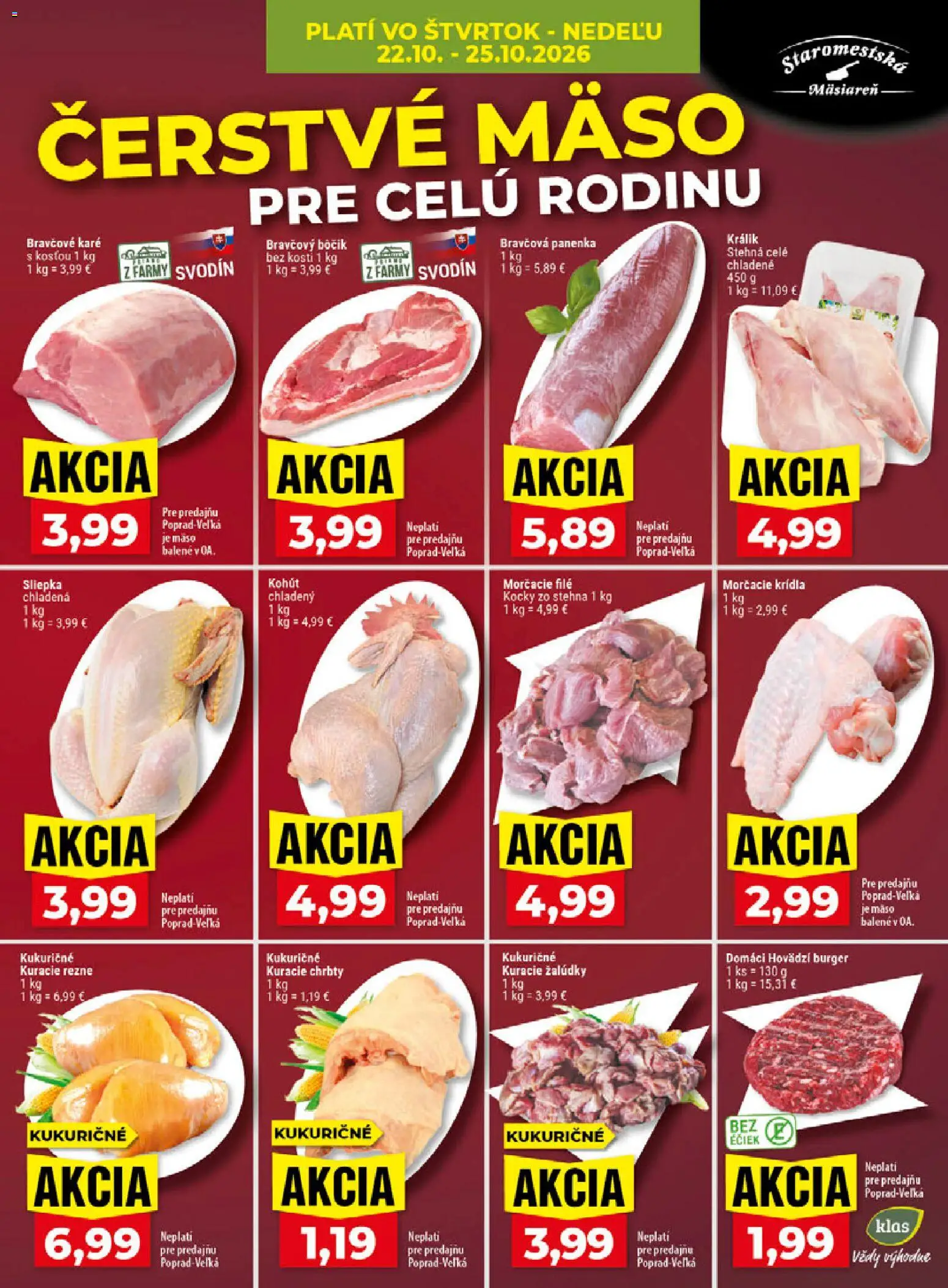 Nové Klas akcie – leták je platný od 19.10.2026 | Strana: 24 | Produkty: Mäso, Kuracie rezne, Stehná, Bravčové karé