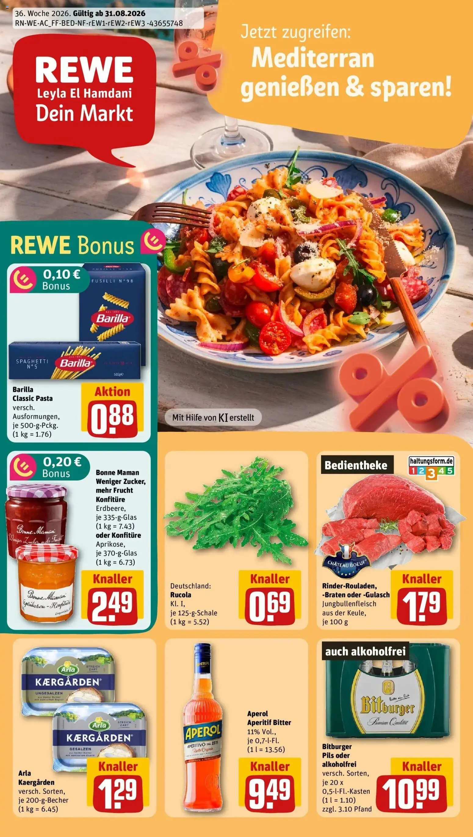 REWE Prospekt ab 31.08.2026 zum Blättern » Angebote | Seite: 1 | Produkte: Butter, Pils, Aperol, Bonne maman
