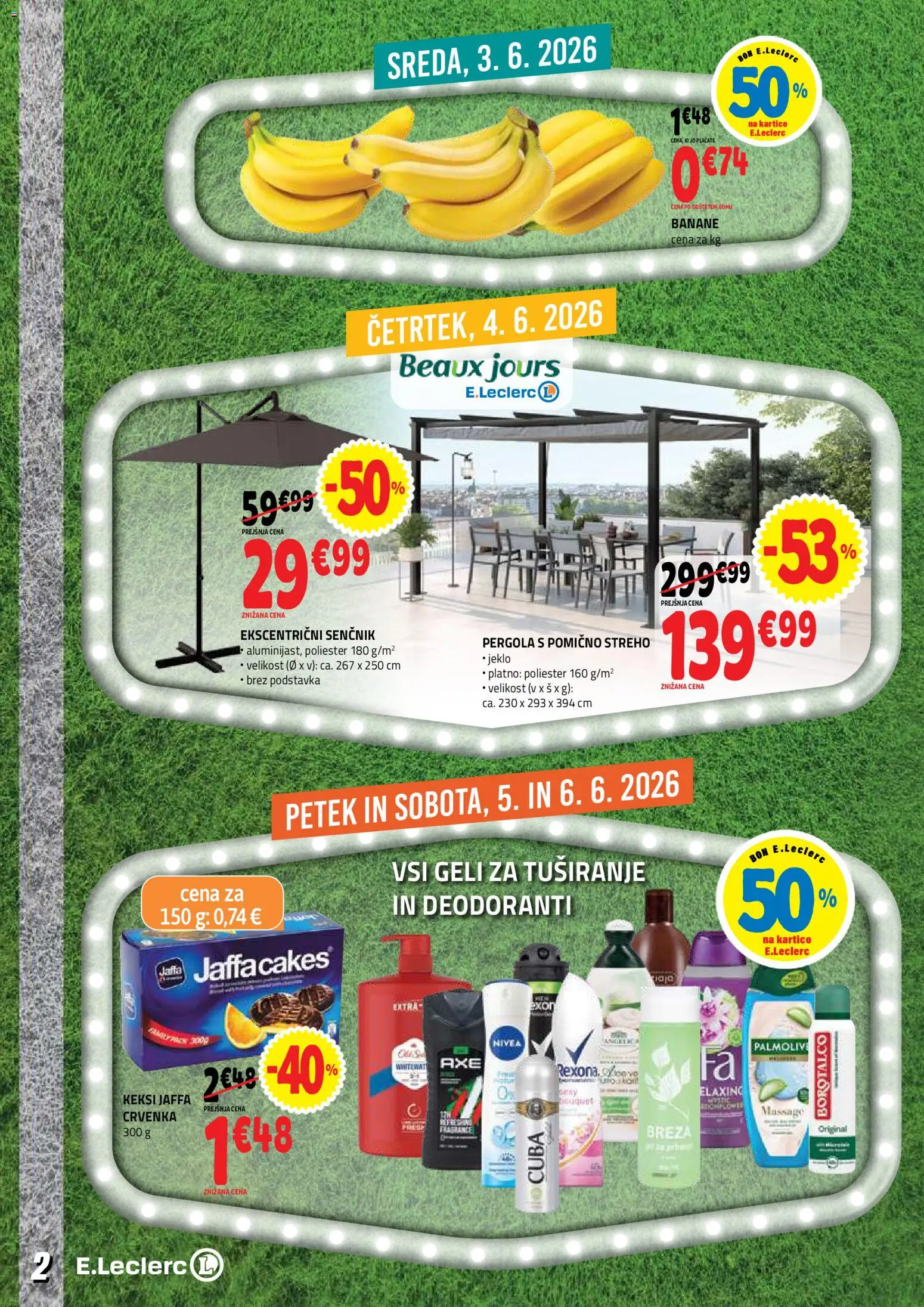 Novi E.leclerc katalog ponudbe – veljaven od 03.06.2026 | Stran: 2 | Izdelki: Keksi, Senčnik, Banane