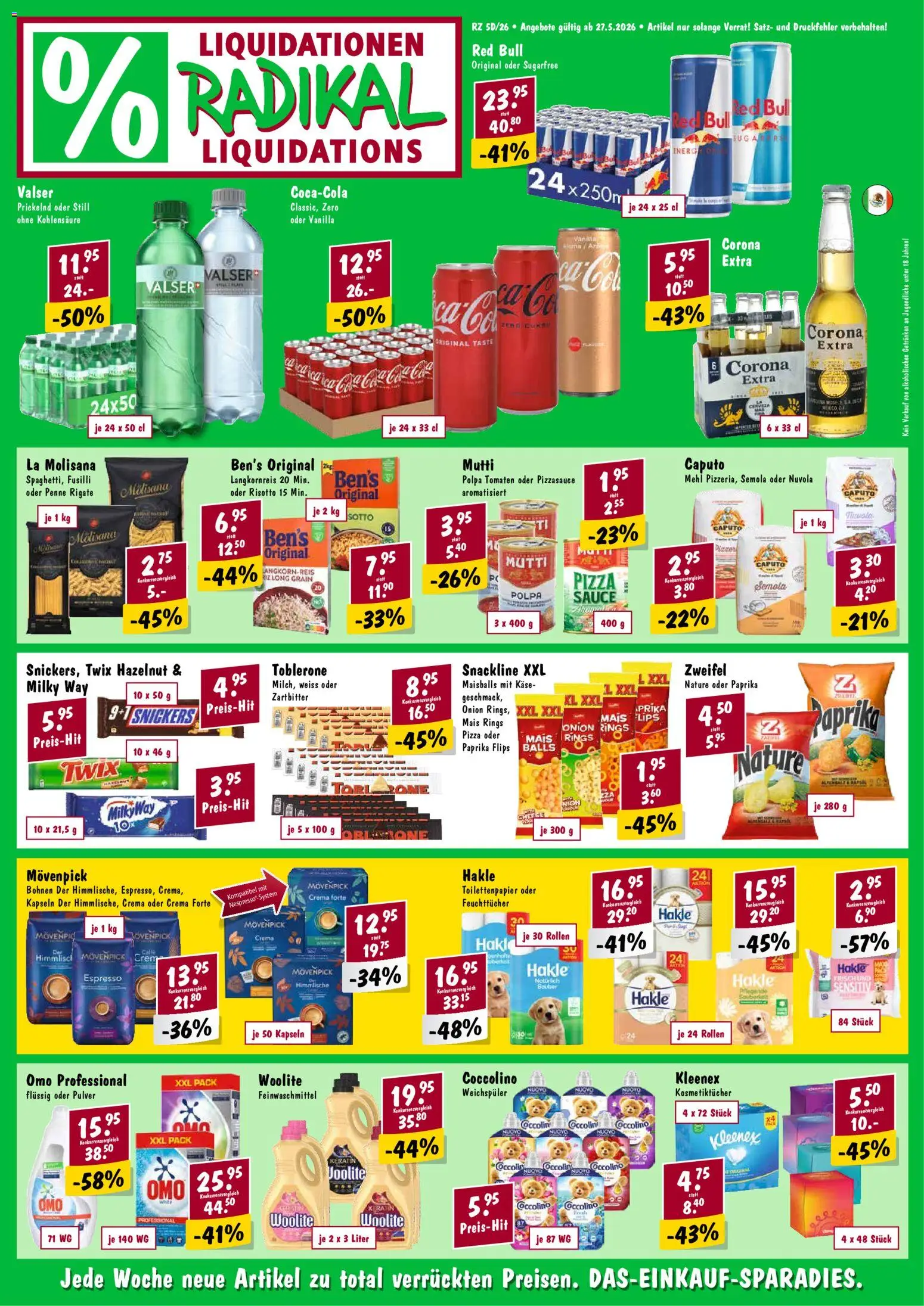 Radikal aktionen – gültig ab 27.05.2026 | Seite: 1 | Produkte: Pulver, Weichspüler, Snickers, Toilettenpapier
