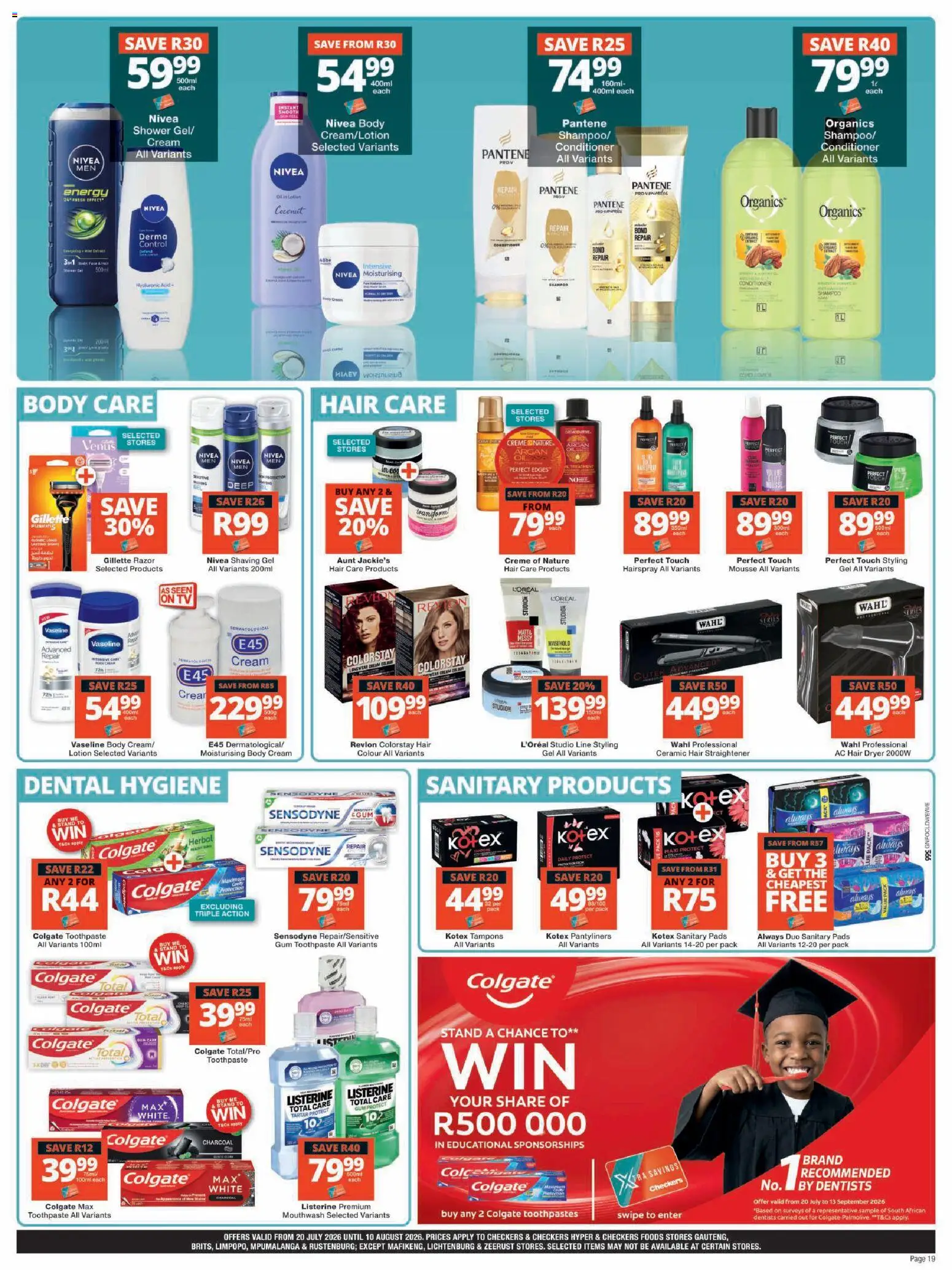 New Checkers catalogue – valid from 20/07/2026 | Page: 19 | Products: Hair straightener, Shampoo, Cream, Sanitary products