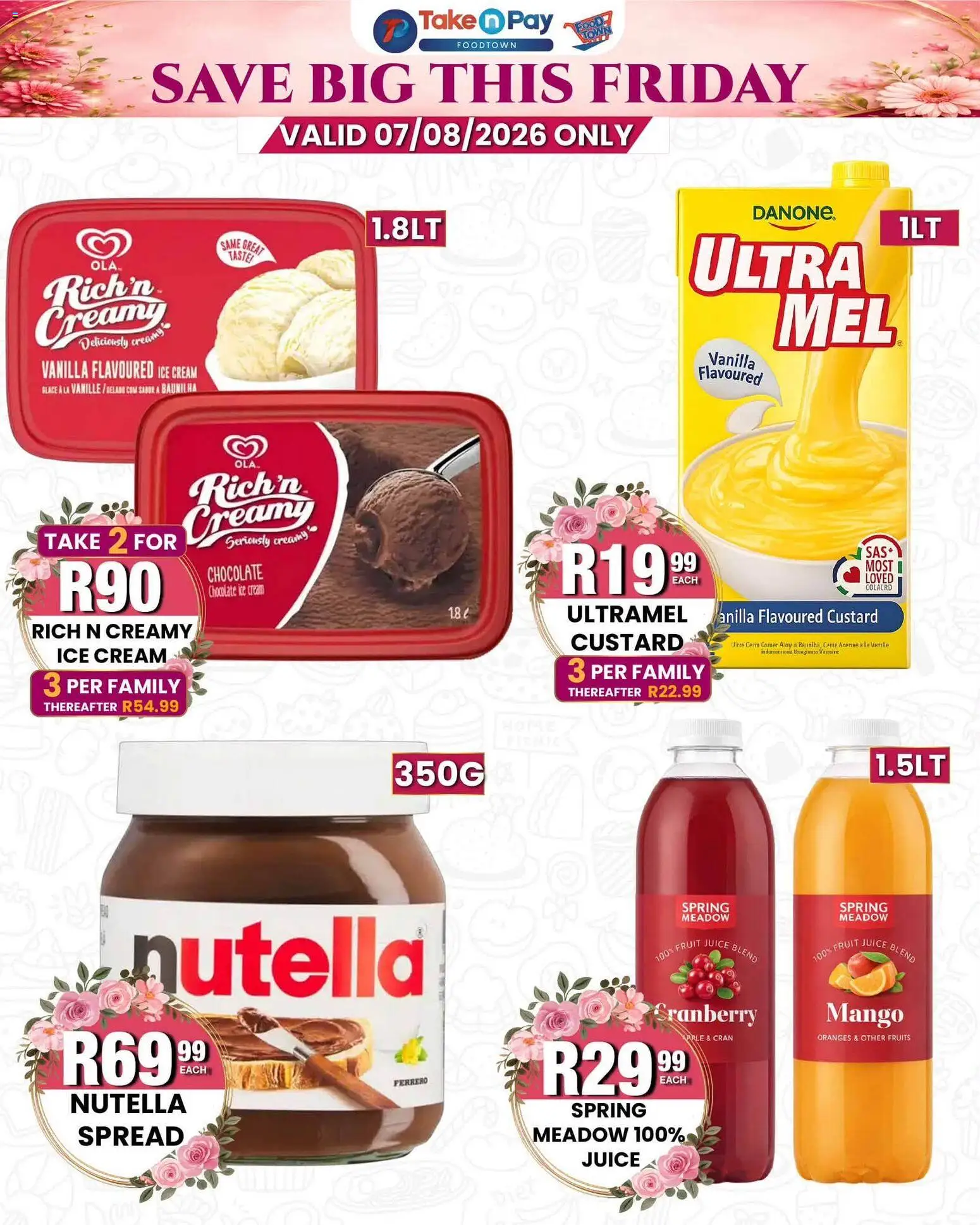 New Take n Pay catalogue – valid from 07/08/2026 | Page: 4 | Products: Custard, Spread, Juice, Oranges