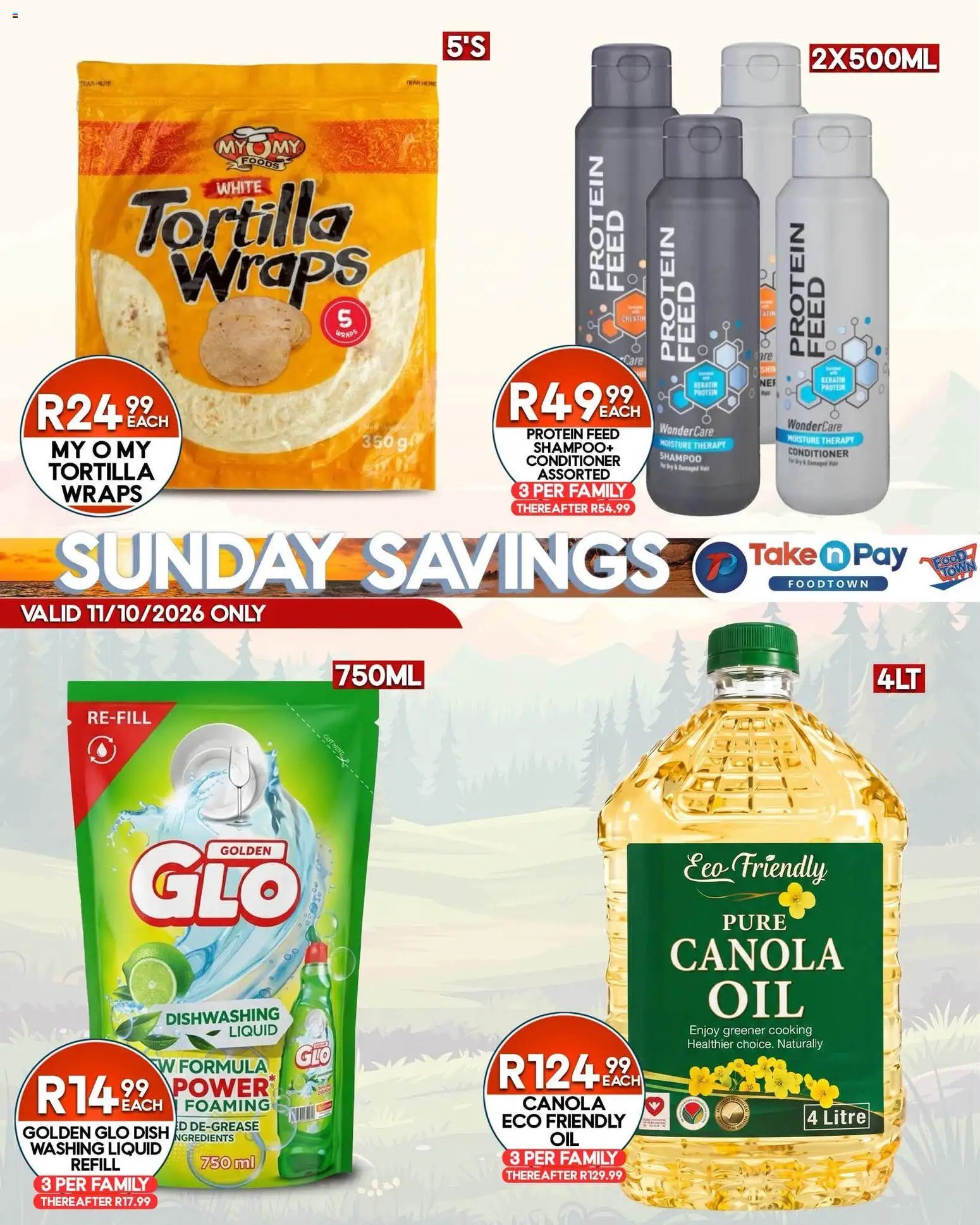 New Take n Pay catalogue – valid from 11/10/2026 | Page: 4 | Products: Protein, Shampoo, Conditioner, Dishwashing liquid