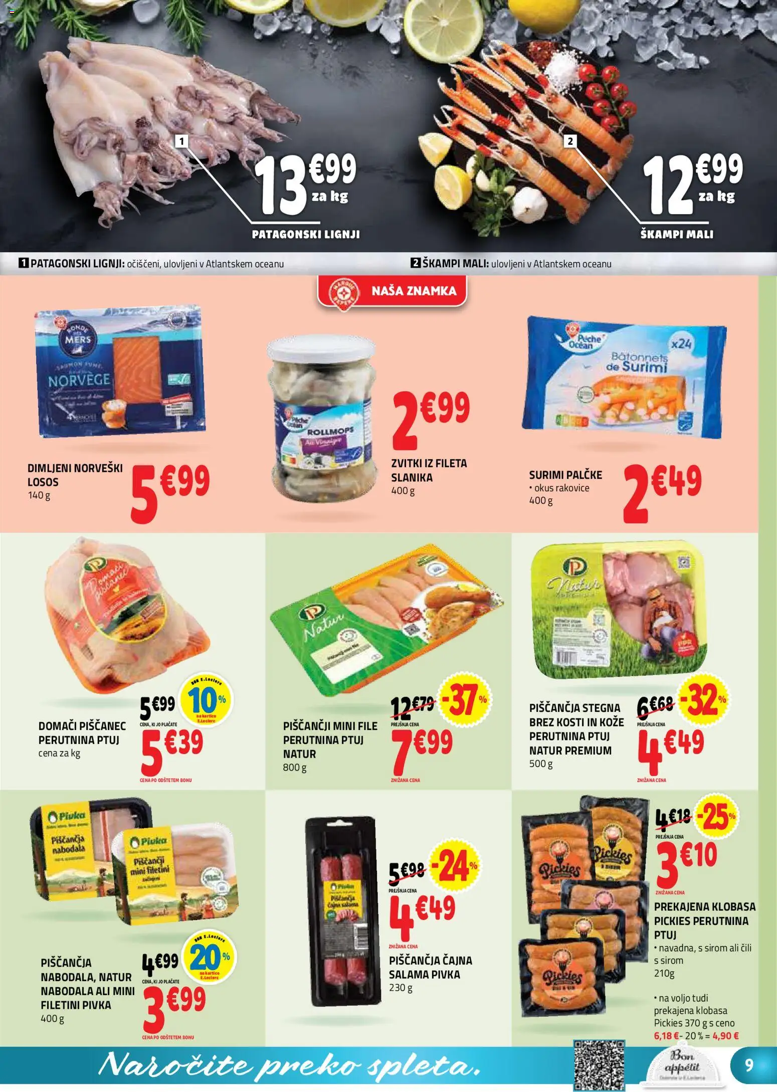 Novi E.leclerc katalog ponudbe – veljaven od 30.09.2026 | Stran: 9 | Izdelki: Lignji, Losos, Nabodala, Cili