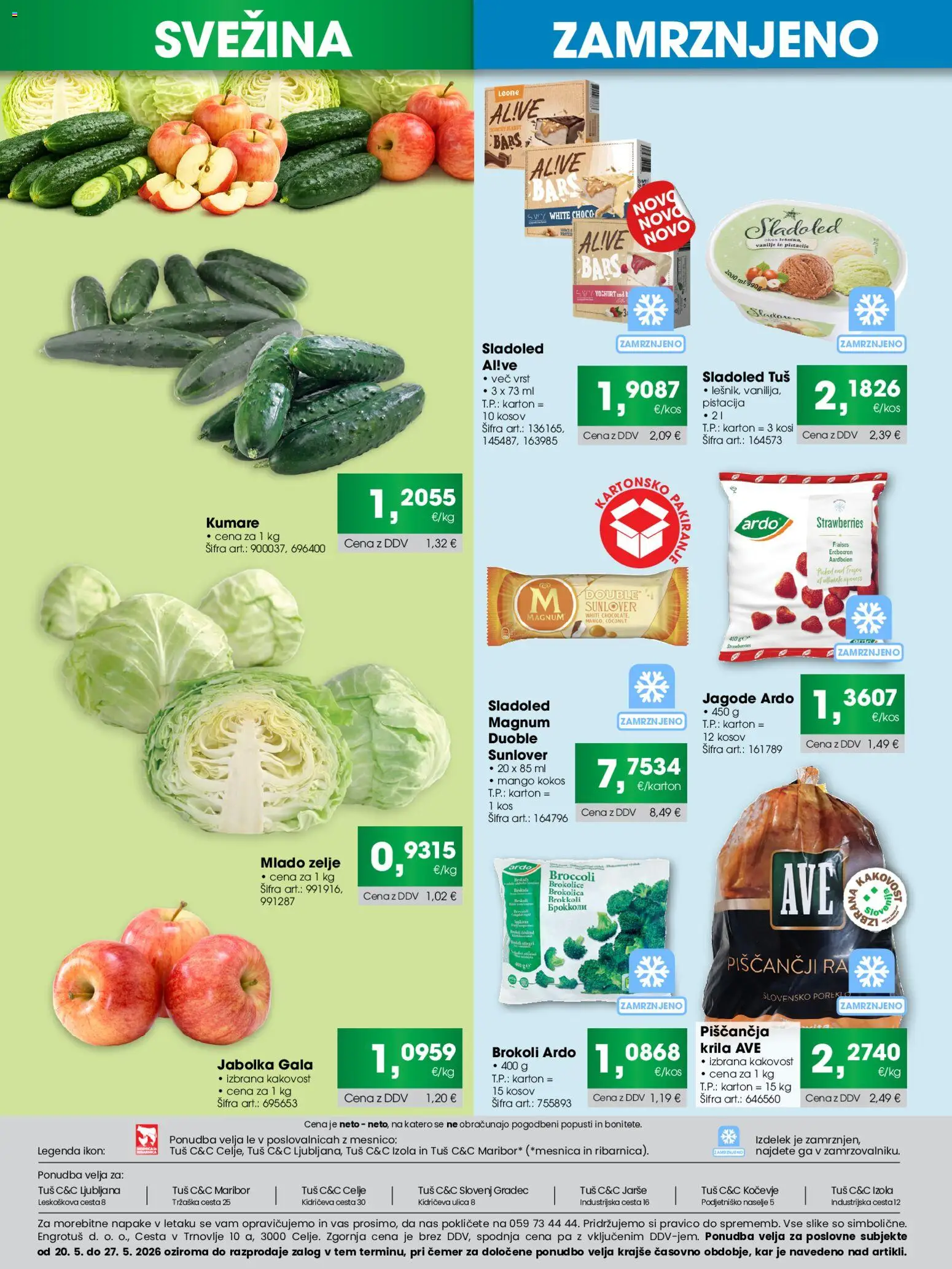Novi Tuš katalog ponudbe – veljaven od 20.05.2026 | Stran: 3 | Izdelki: Kos, Sladoled, Mango, Zelje