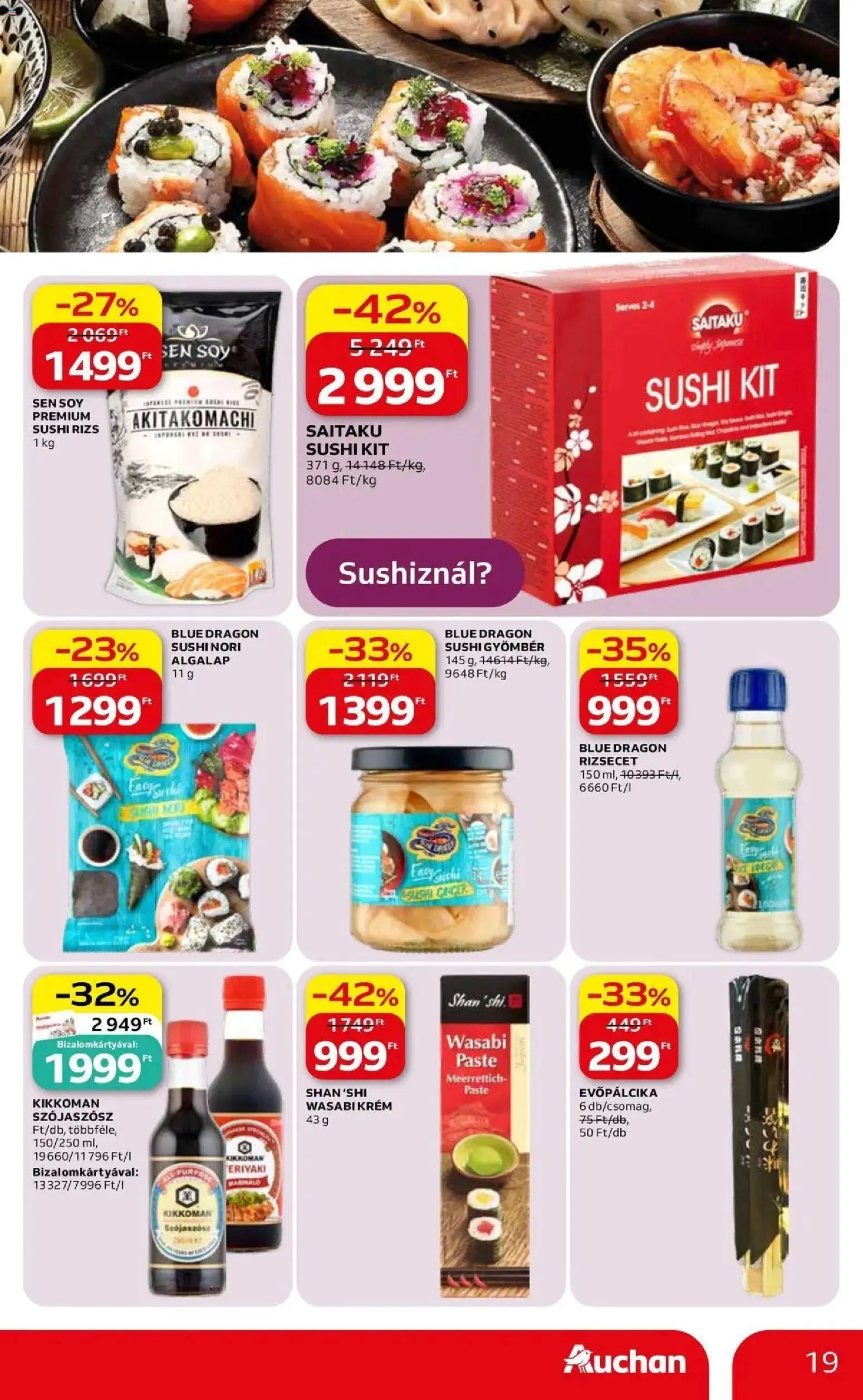 Auchan akciós ujság - amely érvényes a következő dátumtól: 07.05.2026 | Oldal: 19 | Termékek: Evőpálcika, Sushi rizs, Gyömbér, Sushi
