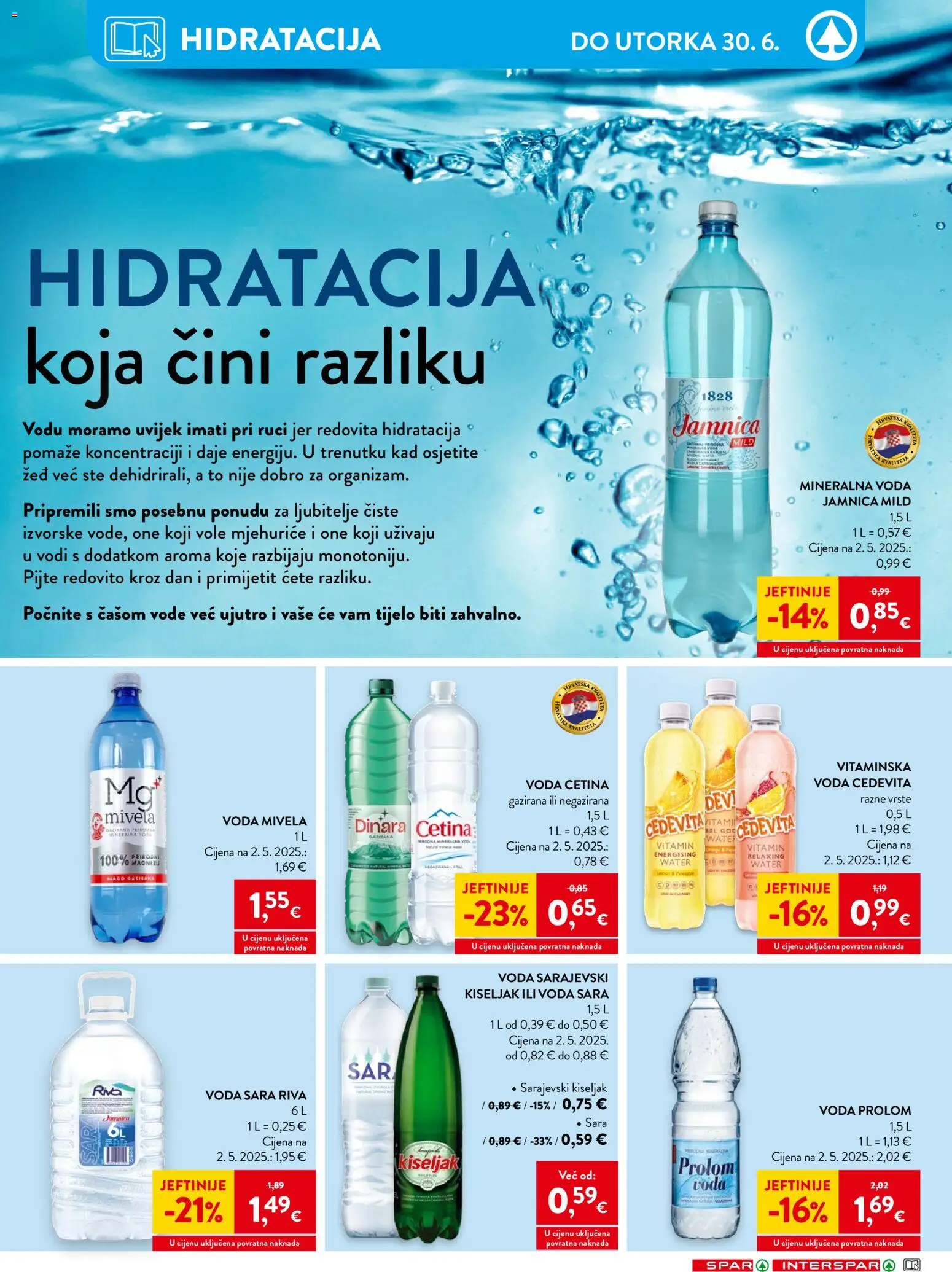 Spar katalog | vrijedi od 24.06.2026 | Stranica: 9 | Proizvodi: Mineralna voda, Sarajevski kiseljak, Jamnica, Cedevita