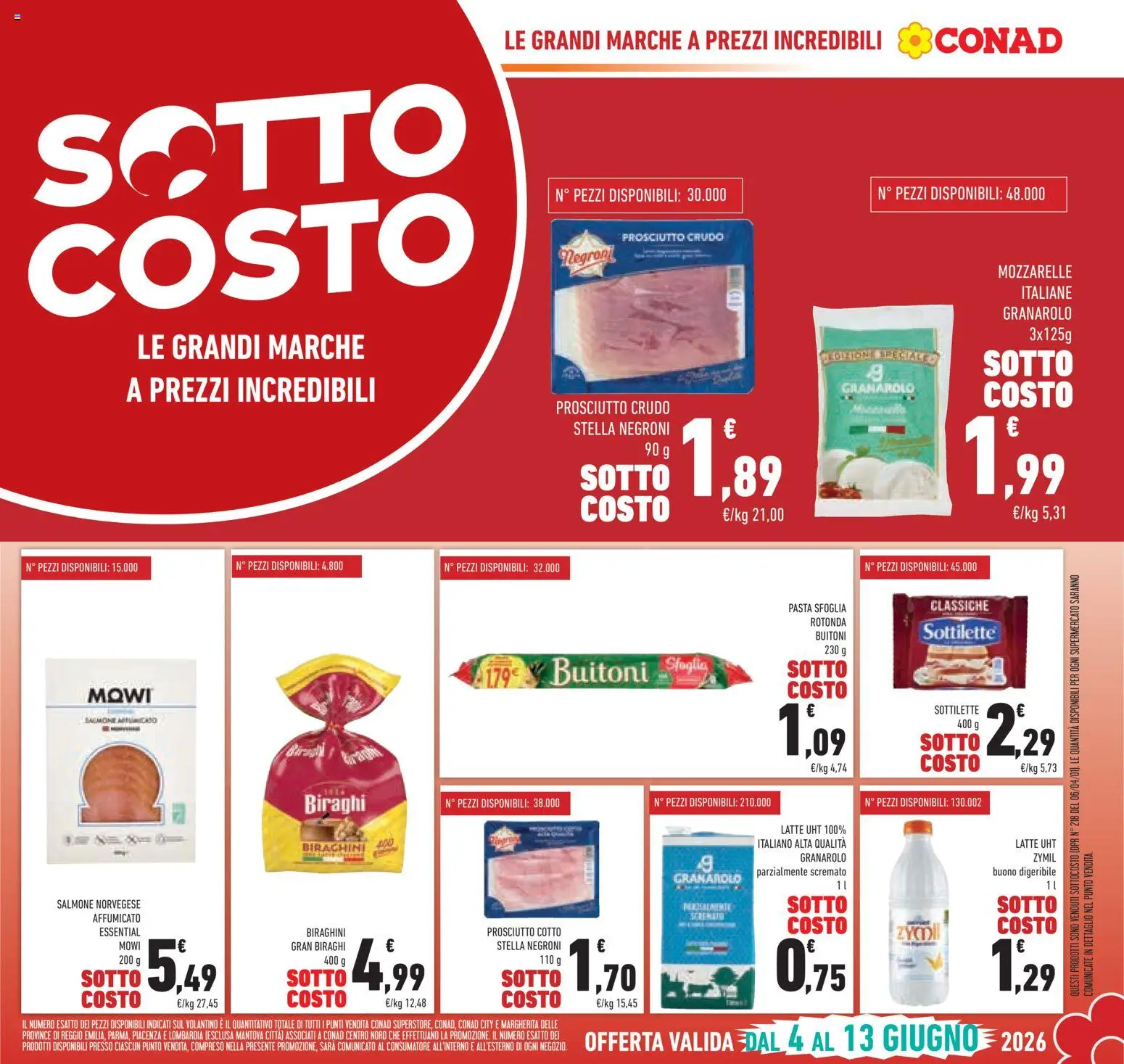 Volantino Conad del 04.06.2026 | Pagina: 5 | Prodotti: Prosciutto Cotto, Salmone, Mozzarella, Pasta