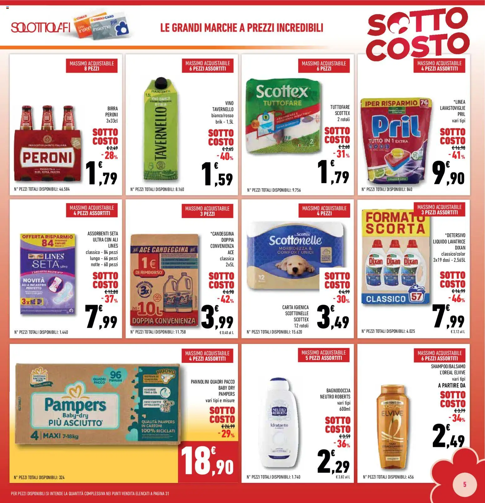 Volantino Conad del 04.06.2026 | Pagina: 5 | Prodotti: Pannolini, Candeggina, Lavatrice, Pampers