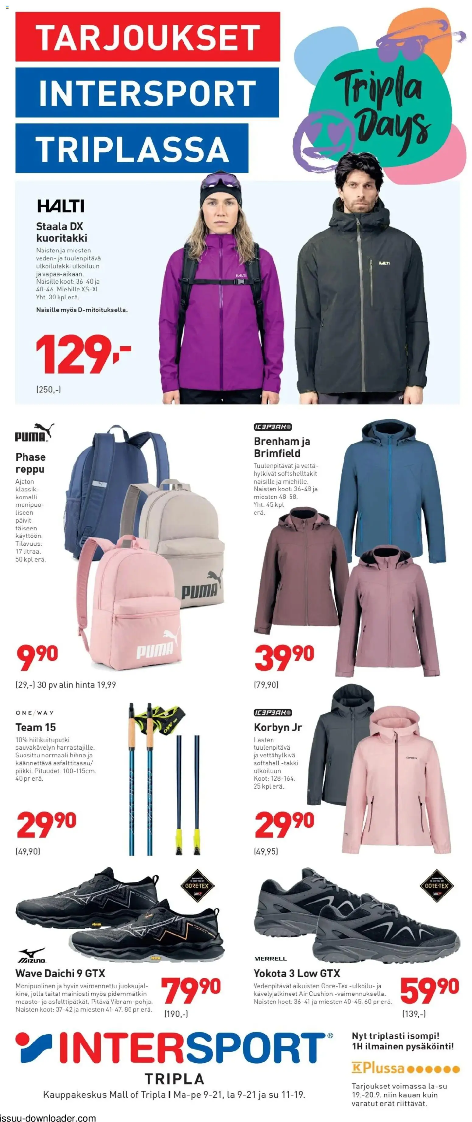 Intersport tarjoukset Tripla – voimassa 19/09/2026 alkaen | Sivu: 1 | Tuotteet: Takki, Reppu, Kuoritakki