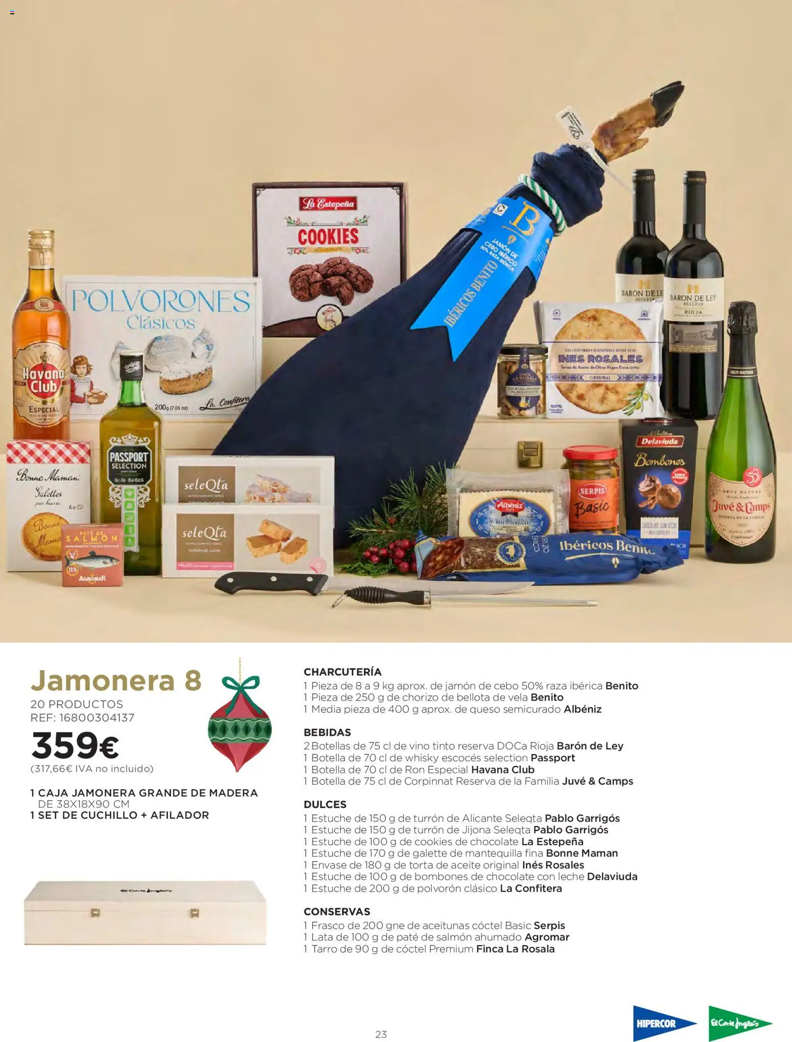 El Corte Inglés Cestas Navidad 2026 │ válido desde el 08/10/2026 | Página: 23 | Productos: Conservas, Vino, Salmón, Chocolate con leche