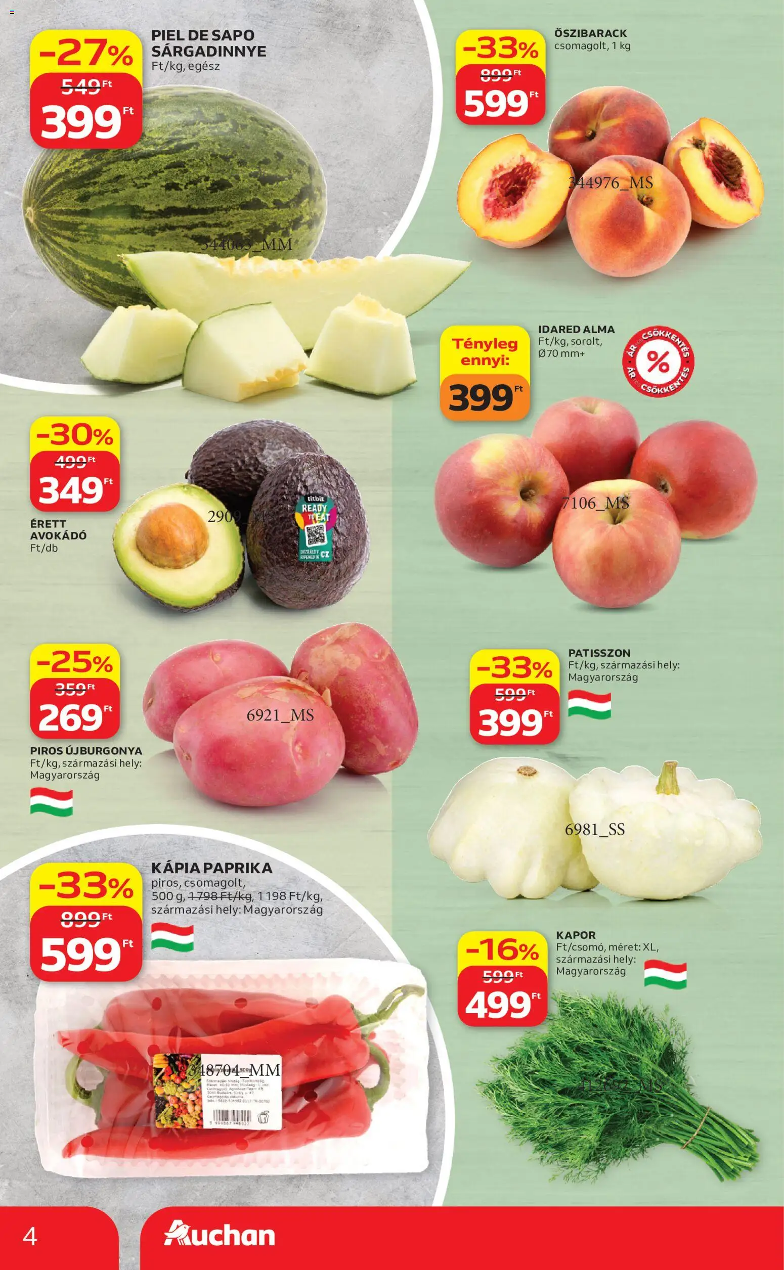 Auchan akciós ujság - amely érvényes a következő dátumtól: 2026.08.13. | Oldal: 4 | Termékek: Őszibarack, Alma, Sárgadinnye, Kápia paprika