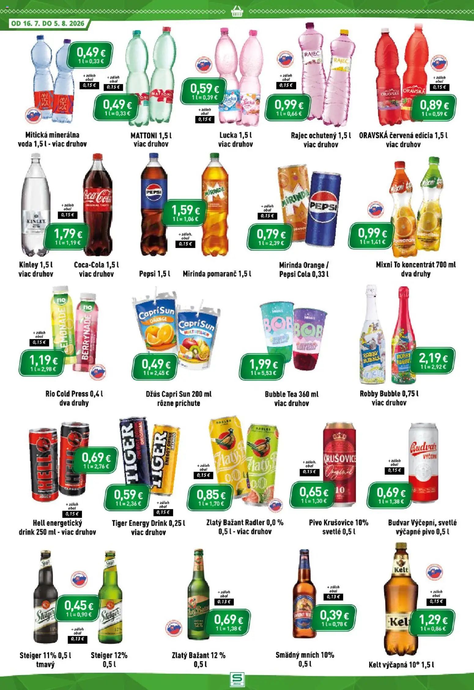 Nové Sintra akcie – leták je platný od 16.07.2026 | Strana: 10 | Produkty: Pivo, Rajec, Zlatý Bažant, Steiger