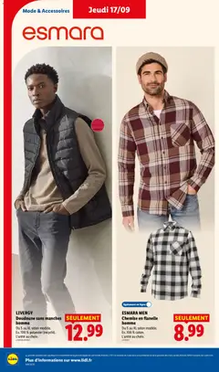 LIDL - Prévisualisation de ESMARA MEN, Chemise en flanelle, homme, Du S au XL selon modèle., Ex. 100 % coton., L'unité au choix. valide à partir de 17/09/2026 | Page: 36 | Produits: Chemise, Doudoune sans manches homme, Doudoune