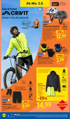 CRIVIT Funktions-Hose, Recyceltes Polyester und Elasthan (CREORA™). Damen: XS (32/34)–L (44/46). Herren: M (48/50)–XL (56/58). Je Stück ab 03.08.2026 gültig | Seite: 34