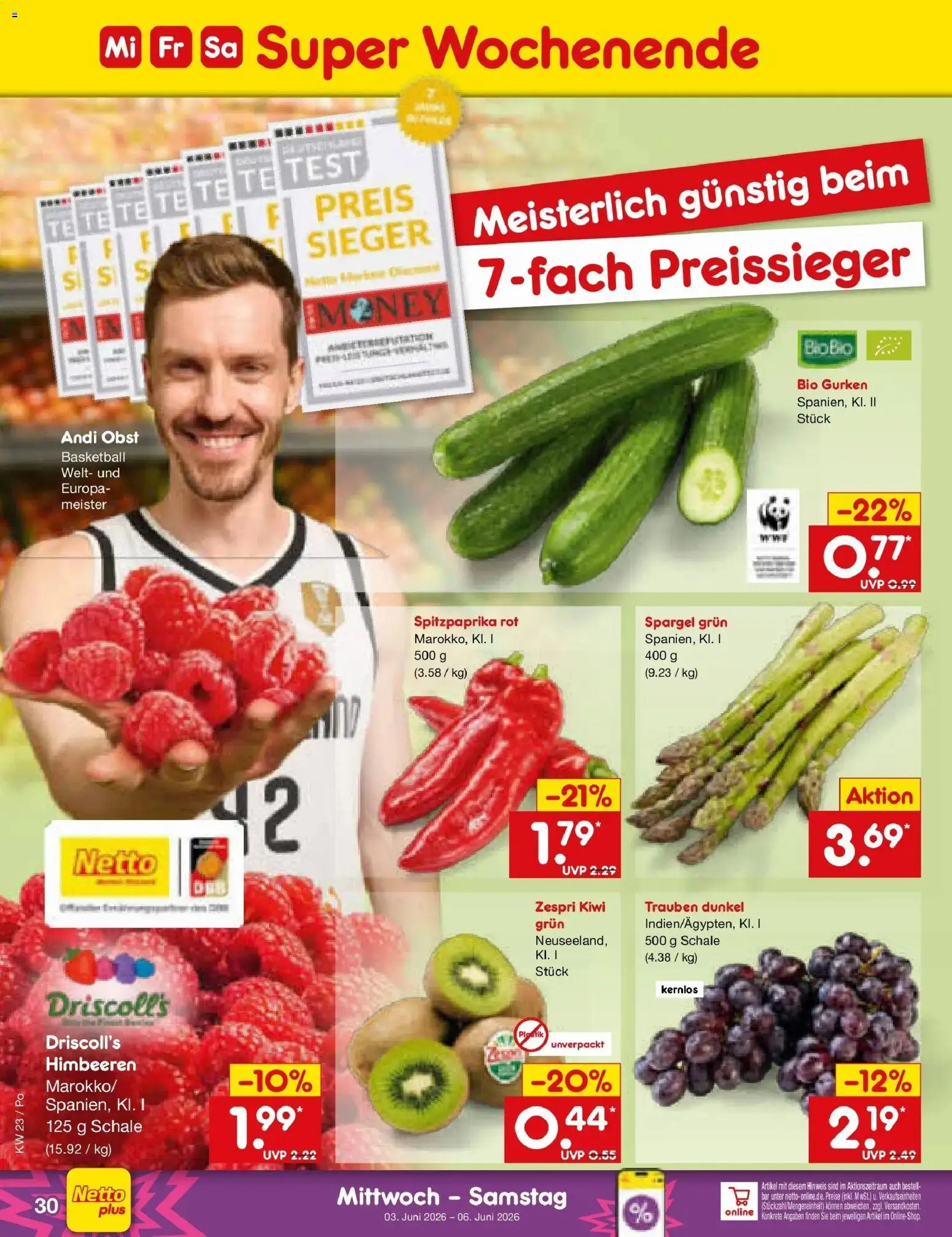 Netto Marken-Discount Prospekt Regensburg – gültig ab 01.06.2026 | Seite: 44 | Produkte: Trauben, Spargel, Kiwi, Gurken