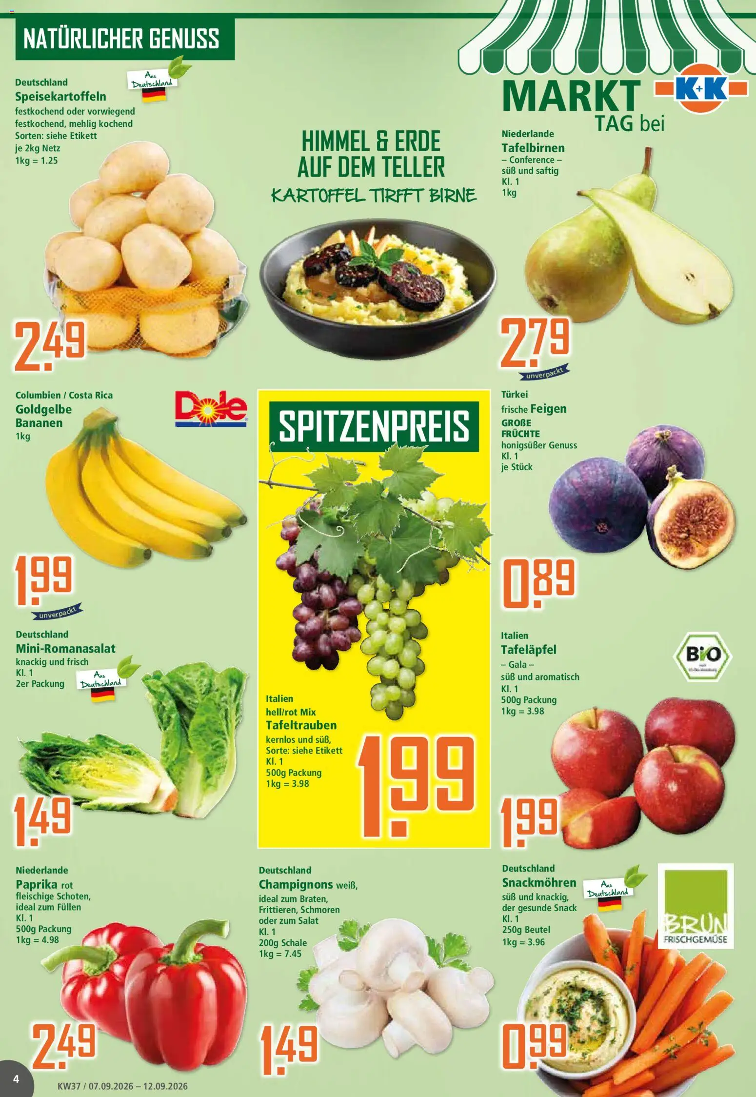 Klaas & Kock Prospekt – gültig ab 07.09.2026 | Seite: 4 | Produkte: Paprika rot, Bananen, Champignons, Birne