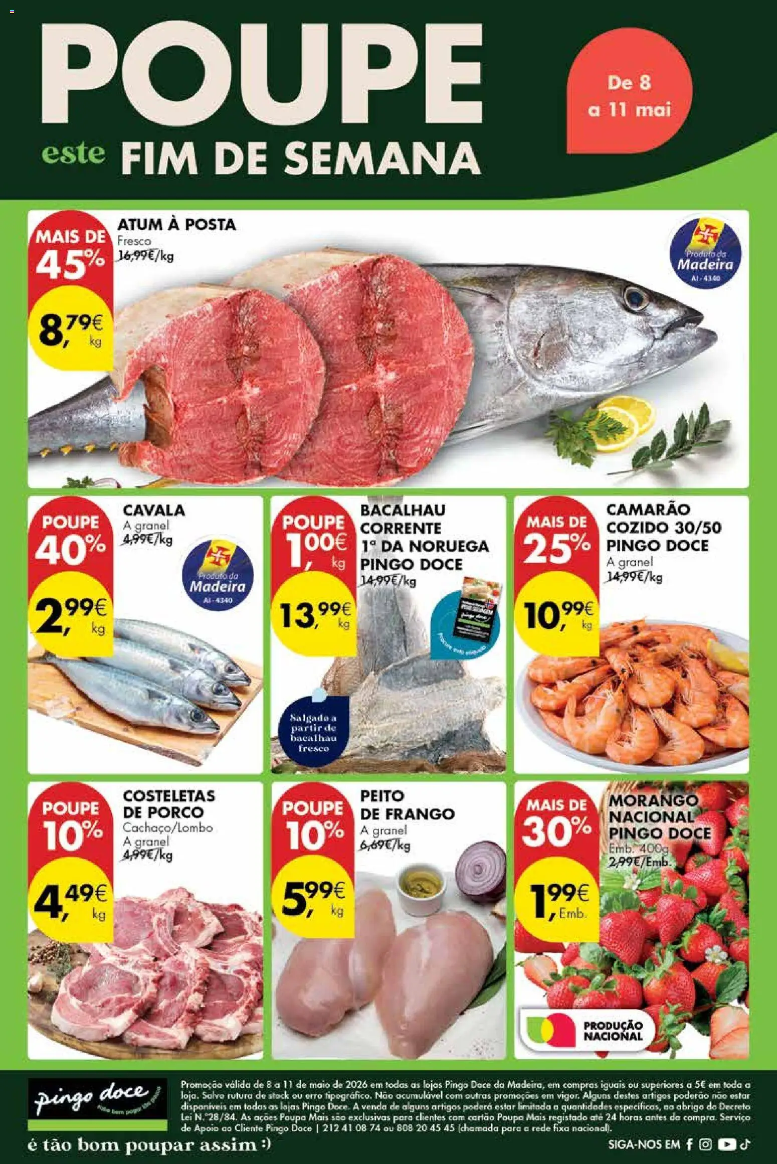 Pingo Doce Poupe este Fim de Semana Madeira │ válido de 08.05.2026 | Página: 1 | Produtos: Bacalhau, Peito de frango, Frango, Camarão