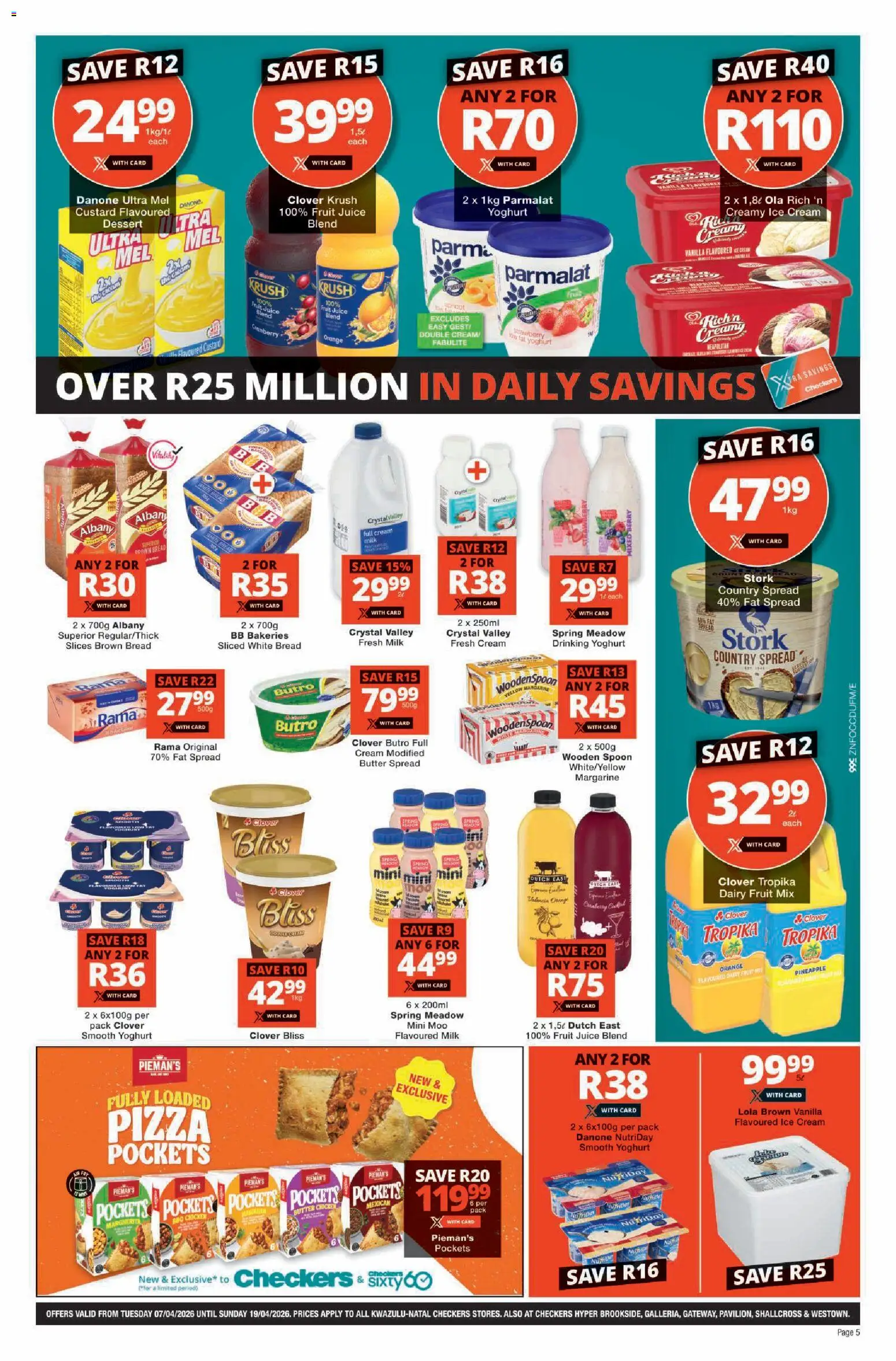 New Checkers catalogue – valid from 07.04.2026 | Page: 5 | Products: Milk, Margarine, Juice, Fat spread