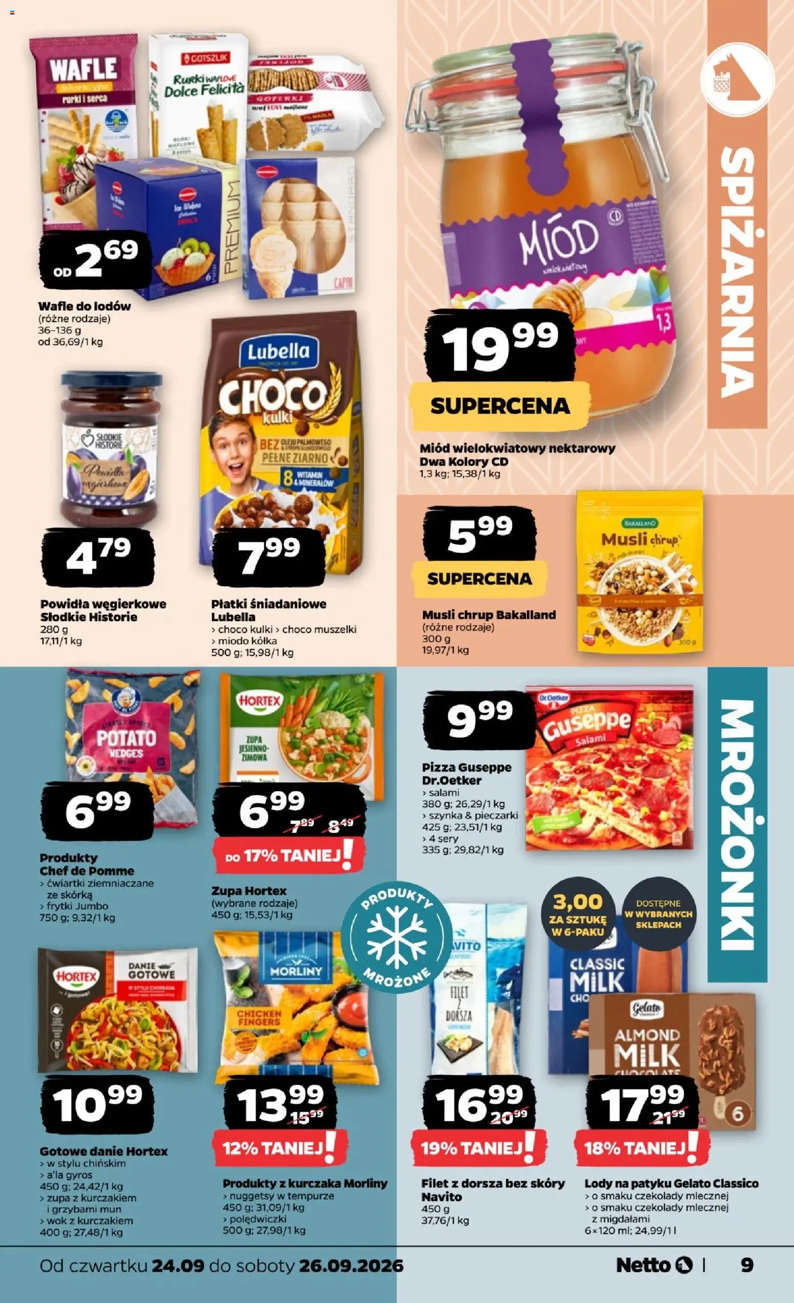 Netto gazetka od czwartku od 24.09.2026 | Strona: 9 | Produkty: Filet z dorsza, Pieczarki, Gyros, Sery
