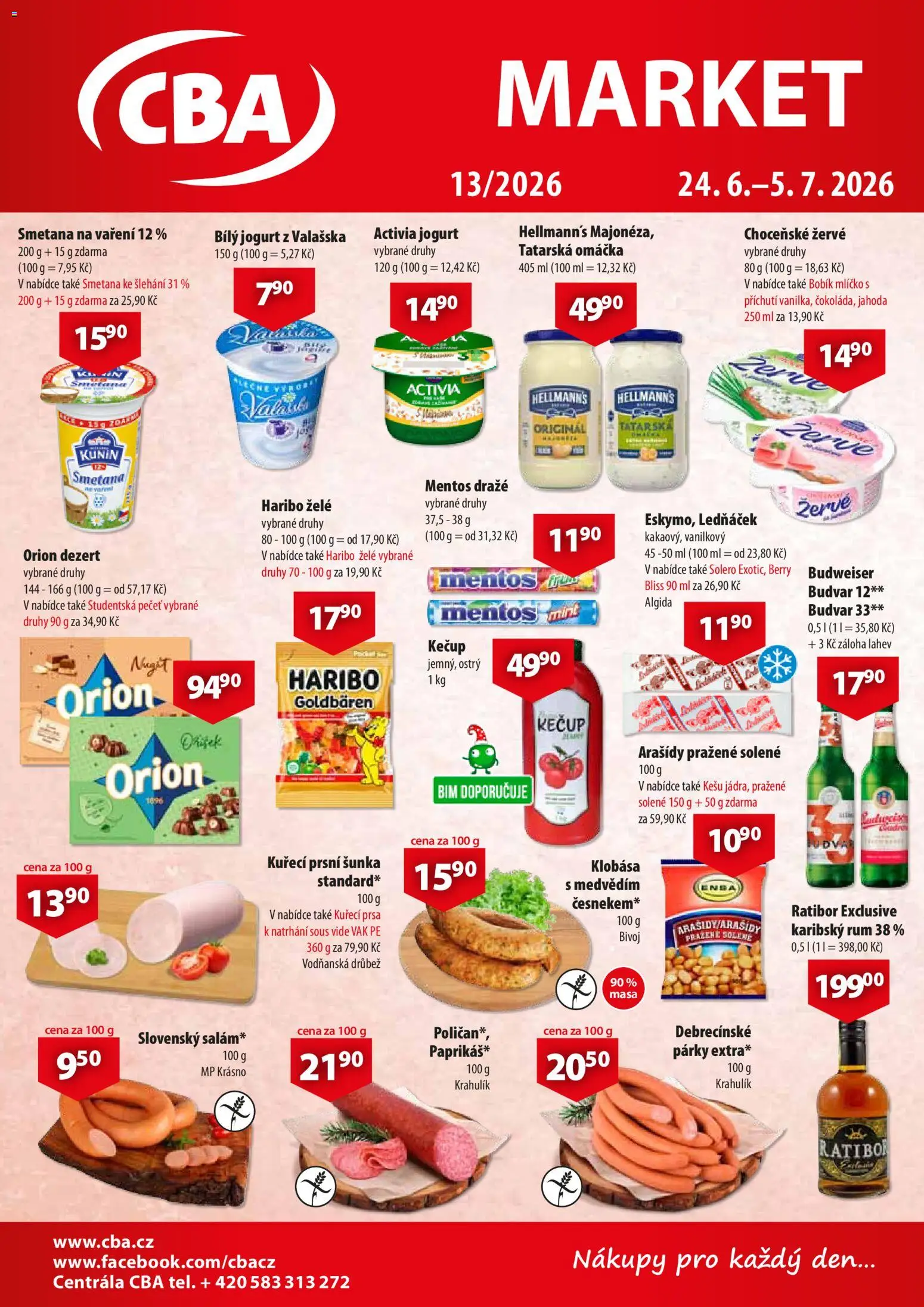 CBA leták - Market od 24.06.2026 | Strana: 1 | Produkty: Párky, Studentská pečeť, Smetana na vaření, Bílý jogurt
