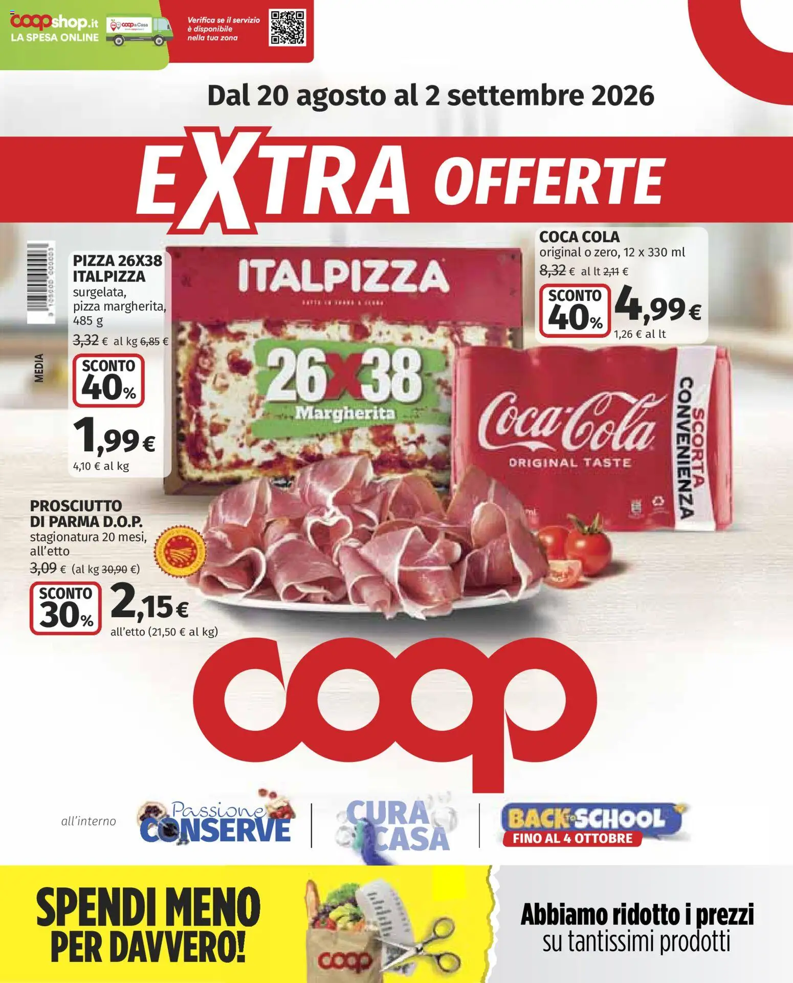 Volantino COOP del 20/08/2026 | Pagina: 1 | Prodotti: Prosciutto di Parma, Pizza, Conserve, Coca Cola
