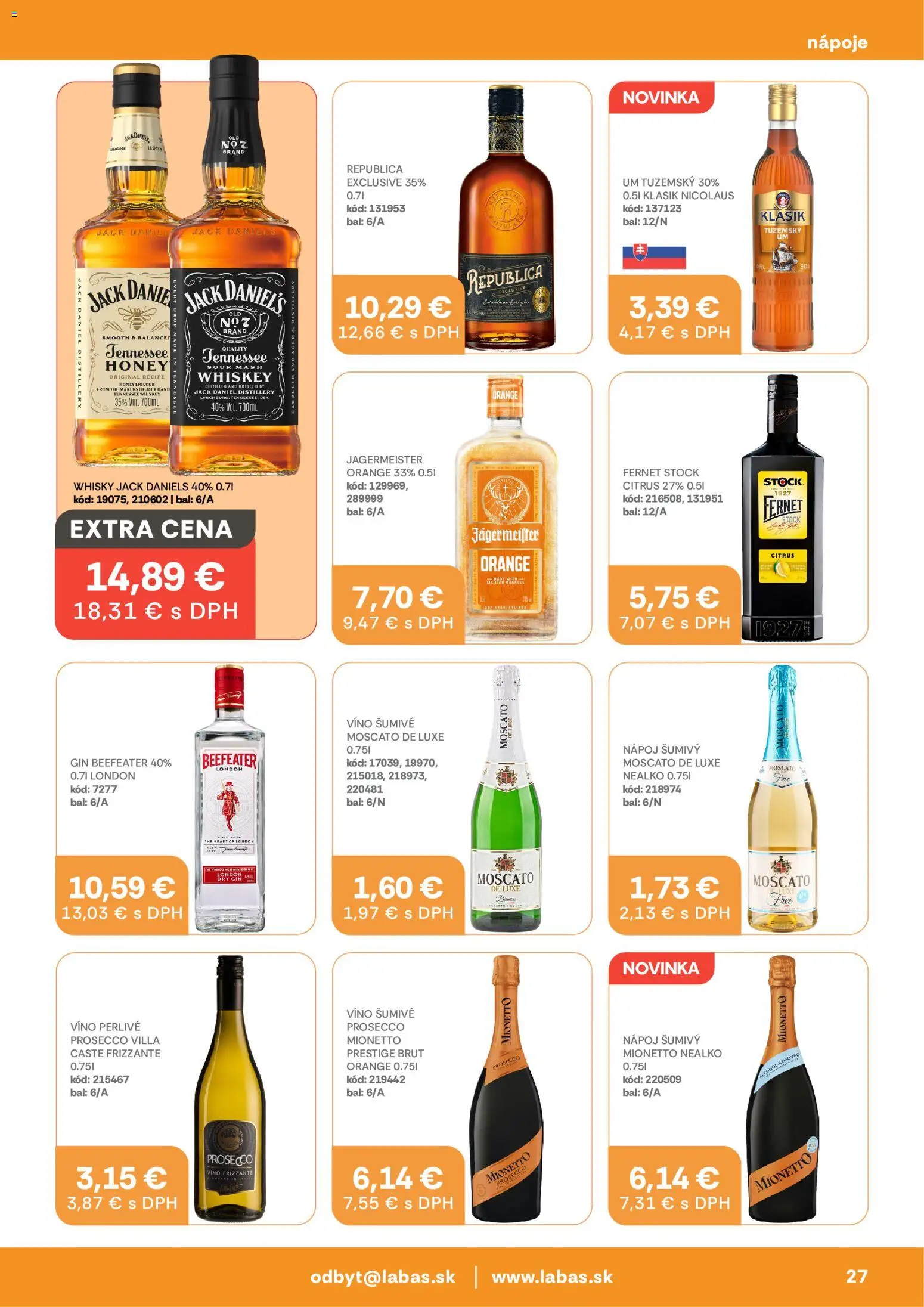 Nové Labaš akcie – leták je platný od 25.08.2026 | Strana: 27 | Produkty: Víno, Jägermeister Orange, Whisky, Fernet