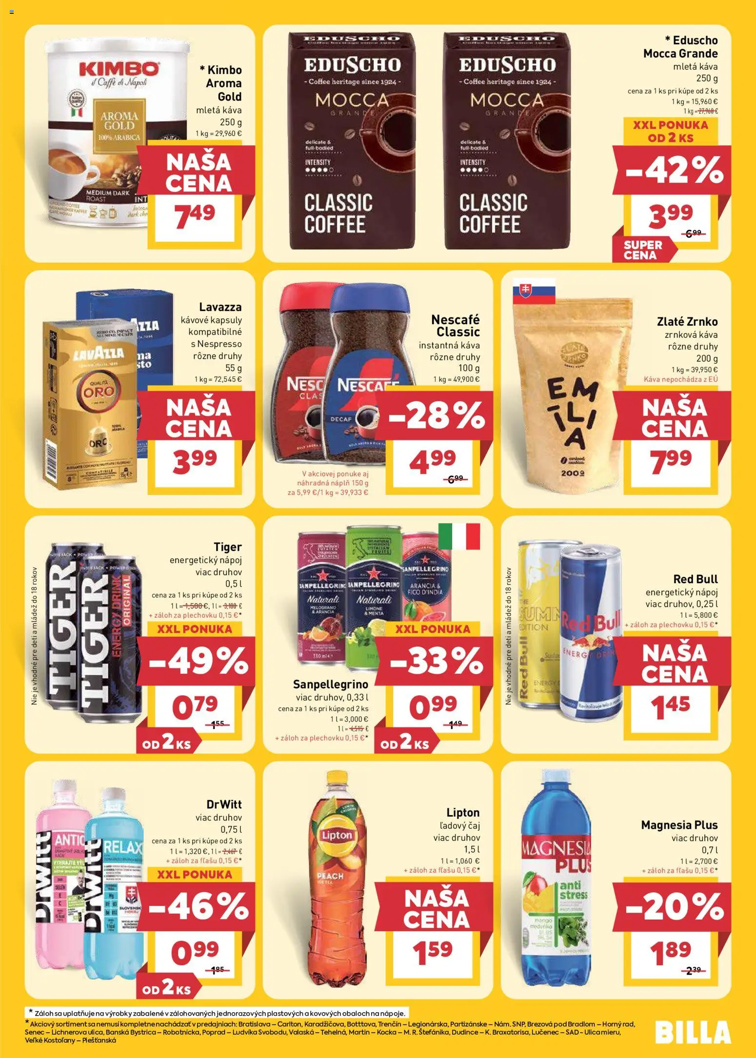 Nové Billa akcie – leták je platný od 08.07.2026 | Strana: 19 | Produkty: Čaj, Nescafé Classic, Energetický nápoj, Zrnková káva