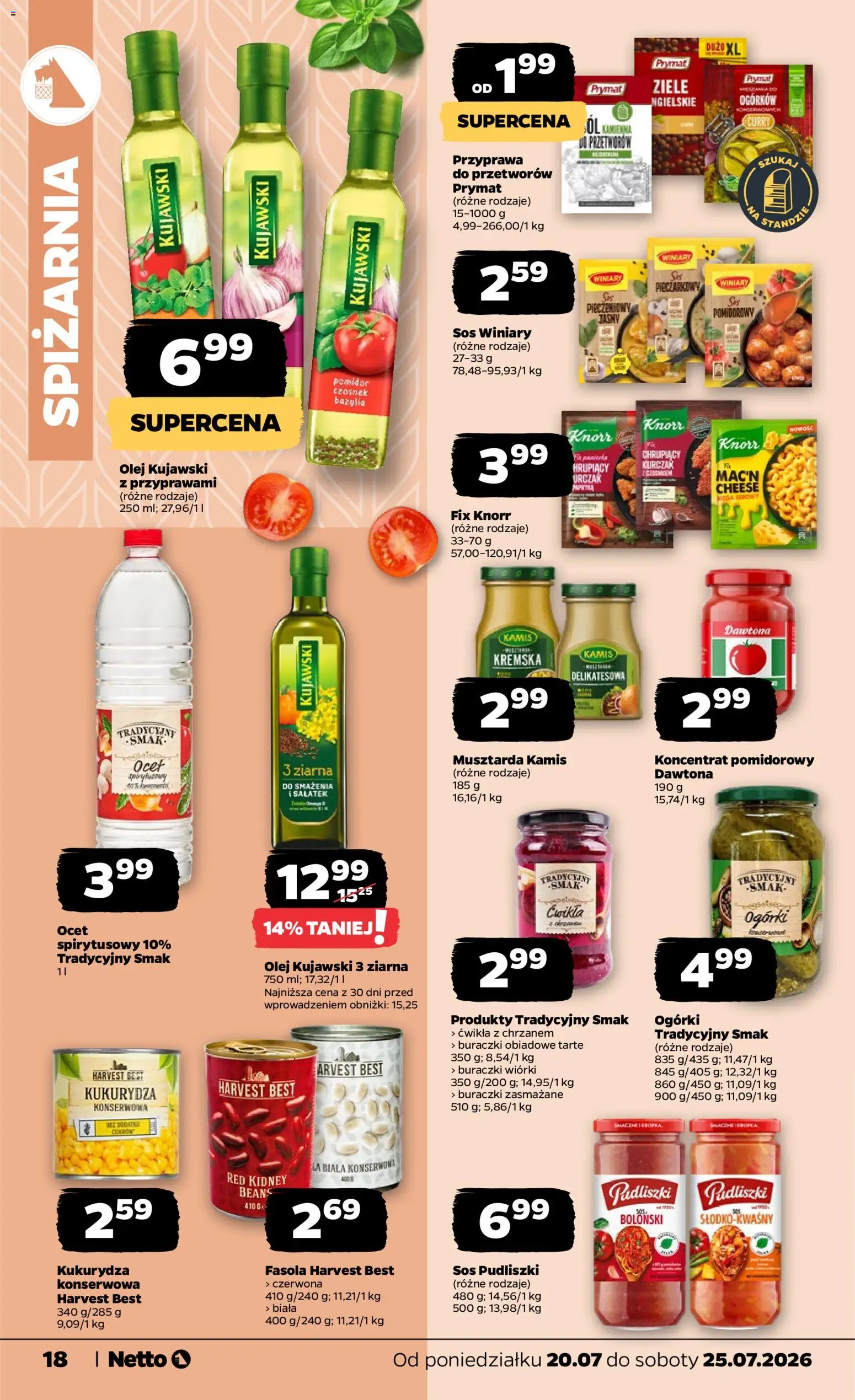Netto gazetka od poniedziałku od 20.07.2026 | Strona: 18 | Produkty: Kukurydza konserwowa, Koncentrat pomidorowy, Pomidor, Fasola