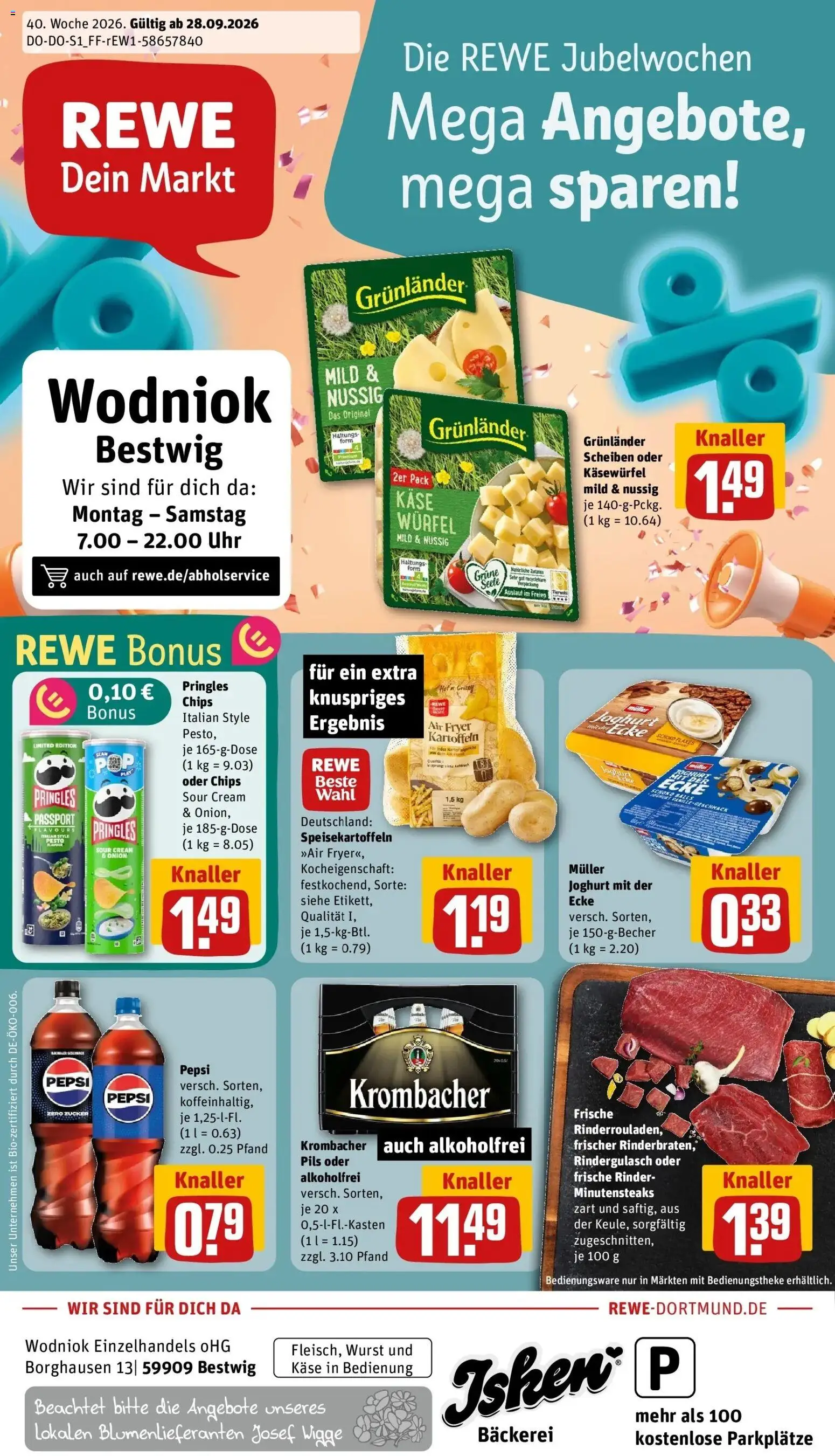 REWE Prospekt ab 28.09.2026 zum Blättern » Angebote | Seite: 1 | Produkte: Bäckerei, Joghurt, Zucker, Wurst