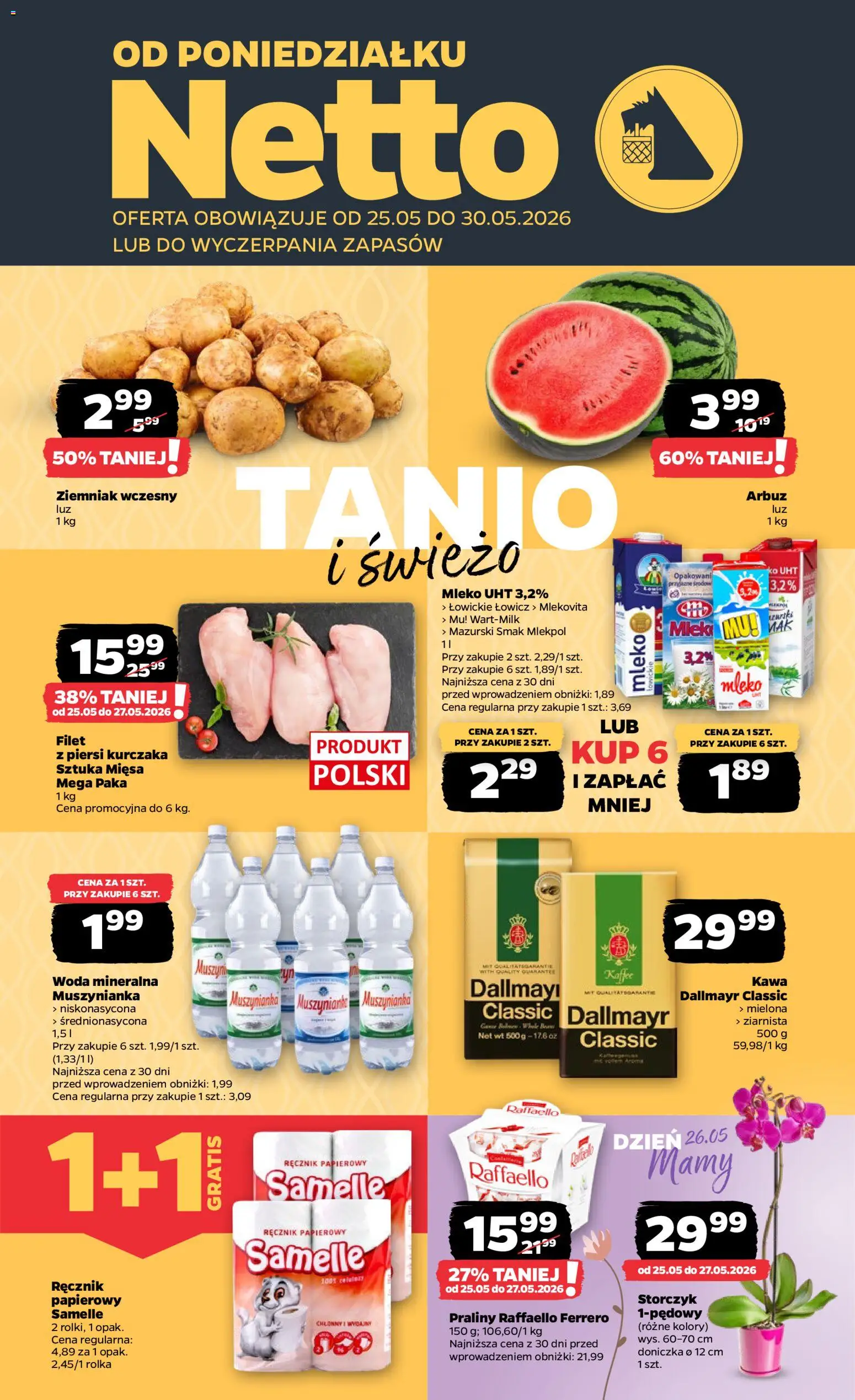 Netto gazetka od poniedziałku spożywcza od 25.05.2026 | Strona: 1 | Produkty: Mak, Muszynianka, Mleko, Woda