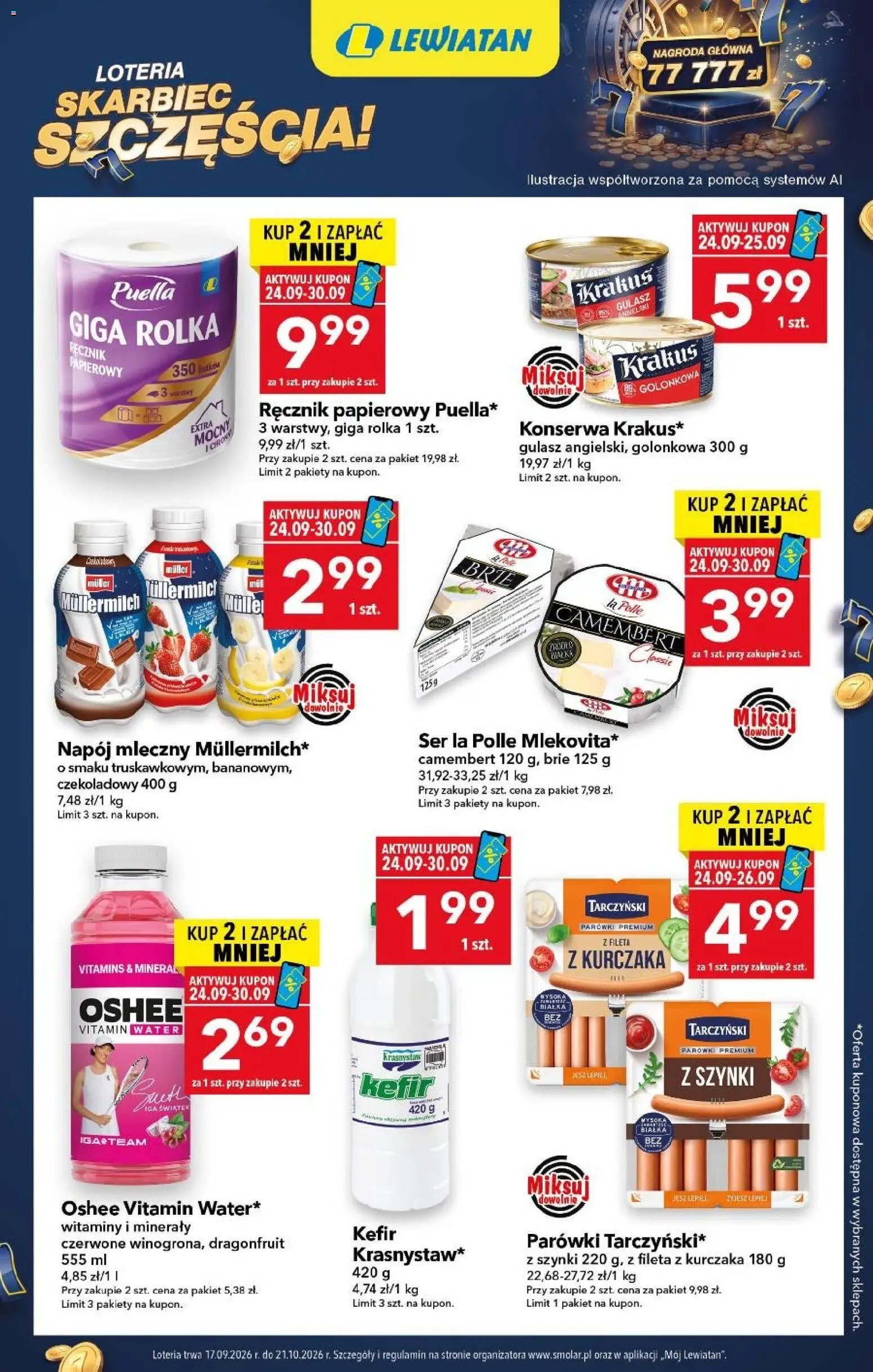 Lewiatan gazetka - Skarbiec Szczęścia od 24.09.2026 | Strona: 1 | Produkty: Kefir, Camembert, Napój mleczny, Gulasz